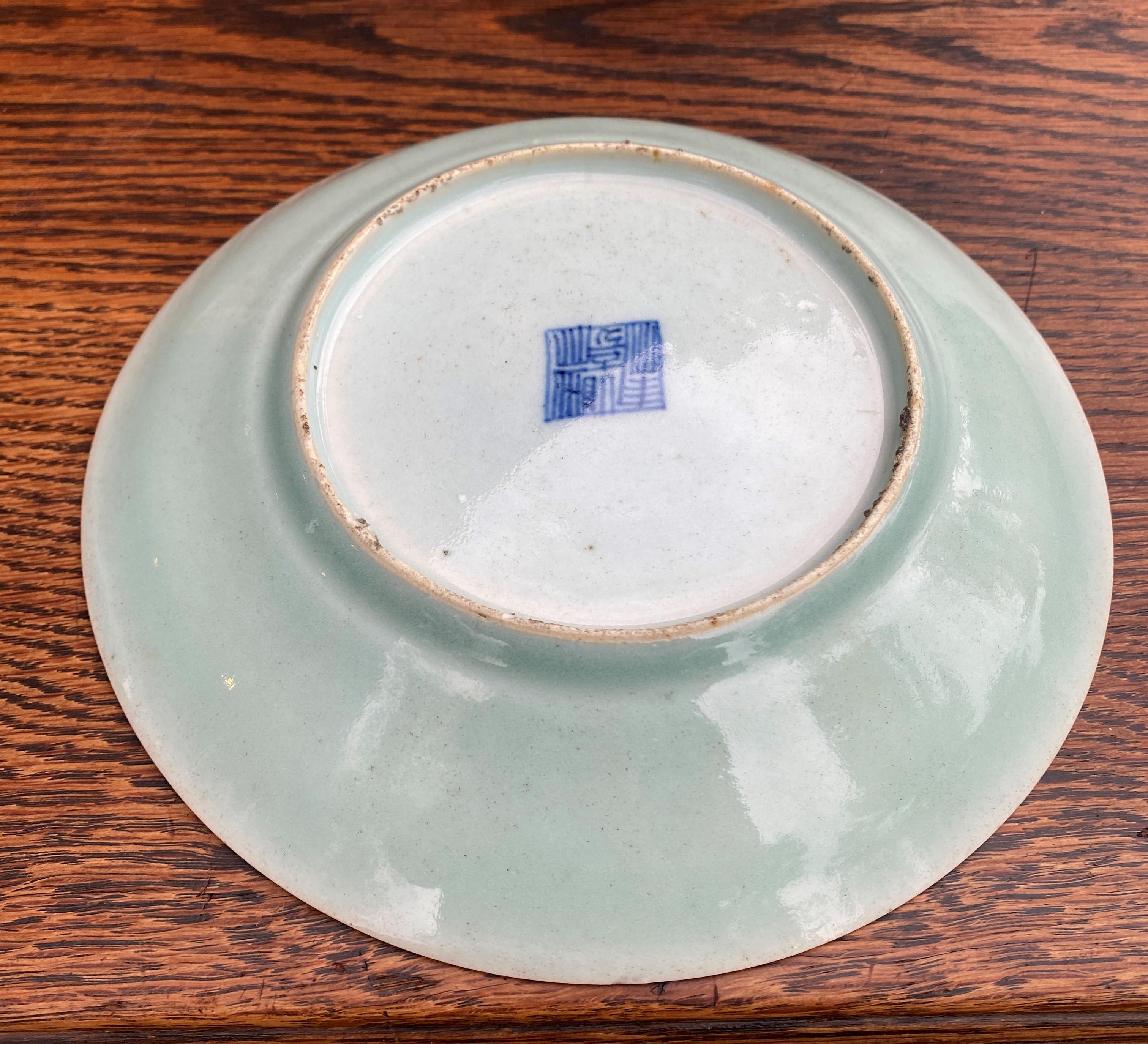 Antique Chinese Celadon Plate Hand Painted Canton Famille Rose Qing c. 1820 #4 8