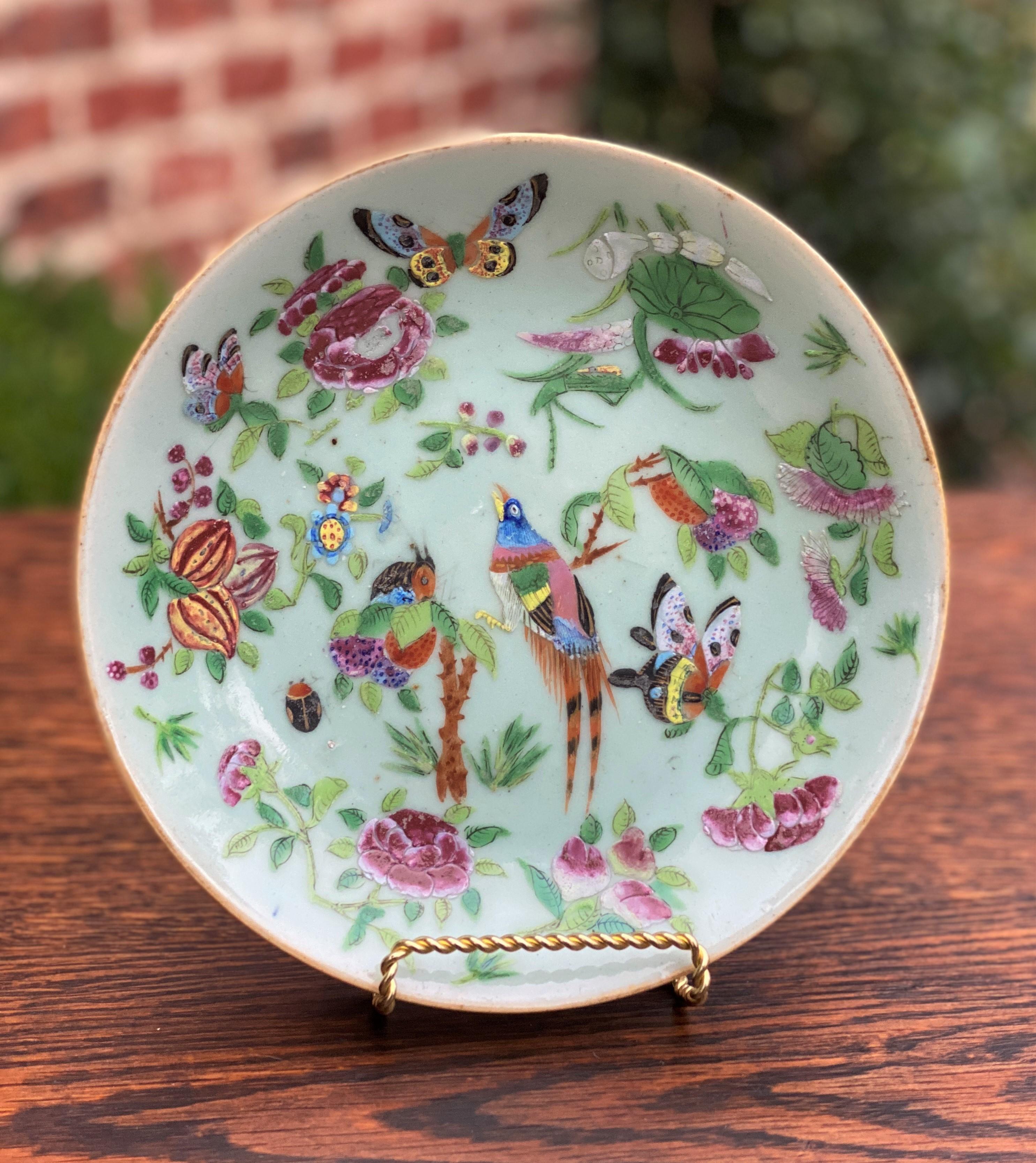 Early 19th Century Antique Chinese Celadon Plate Hand Painted Canton Famille Rose Qing c. 1820 #4
