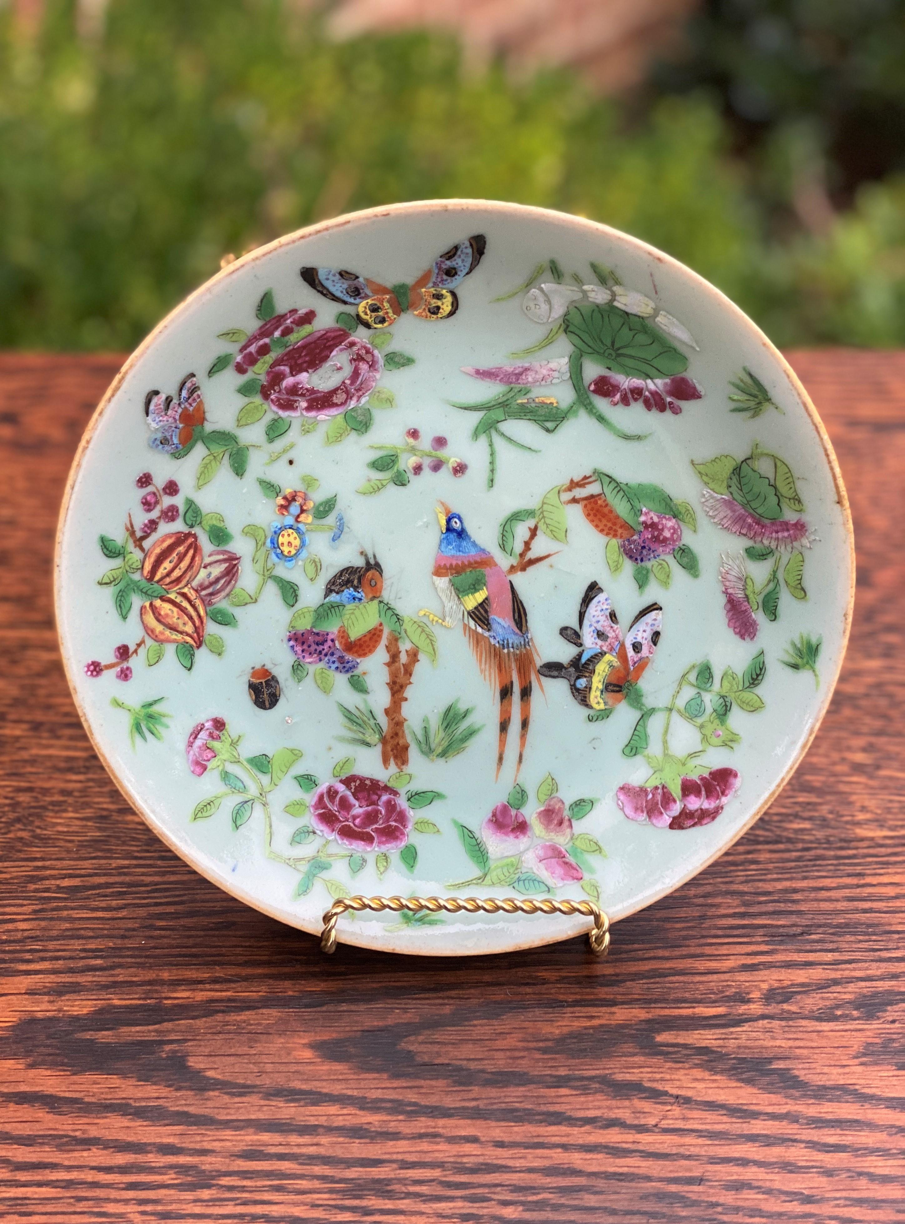Antique Chinese Celadon Plate Hand Painted Canton Famille Rose Qing c. 1820 #4 1