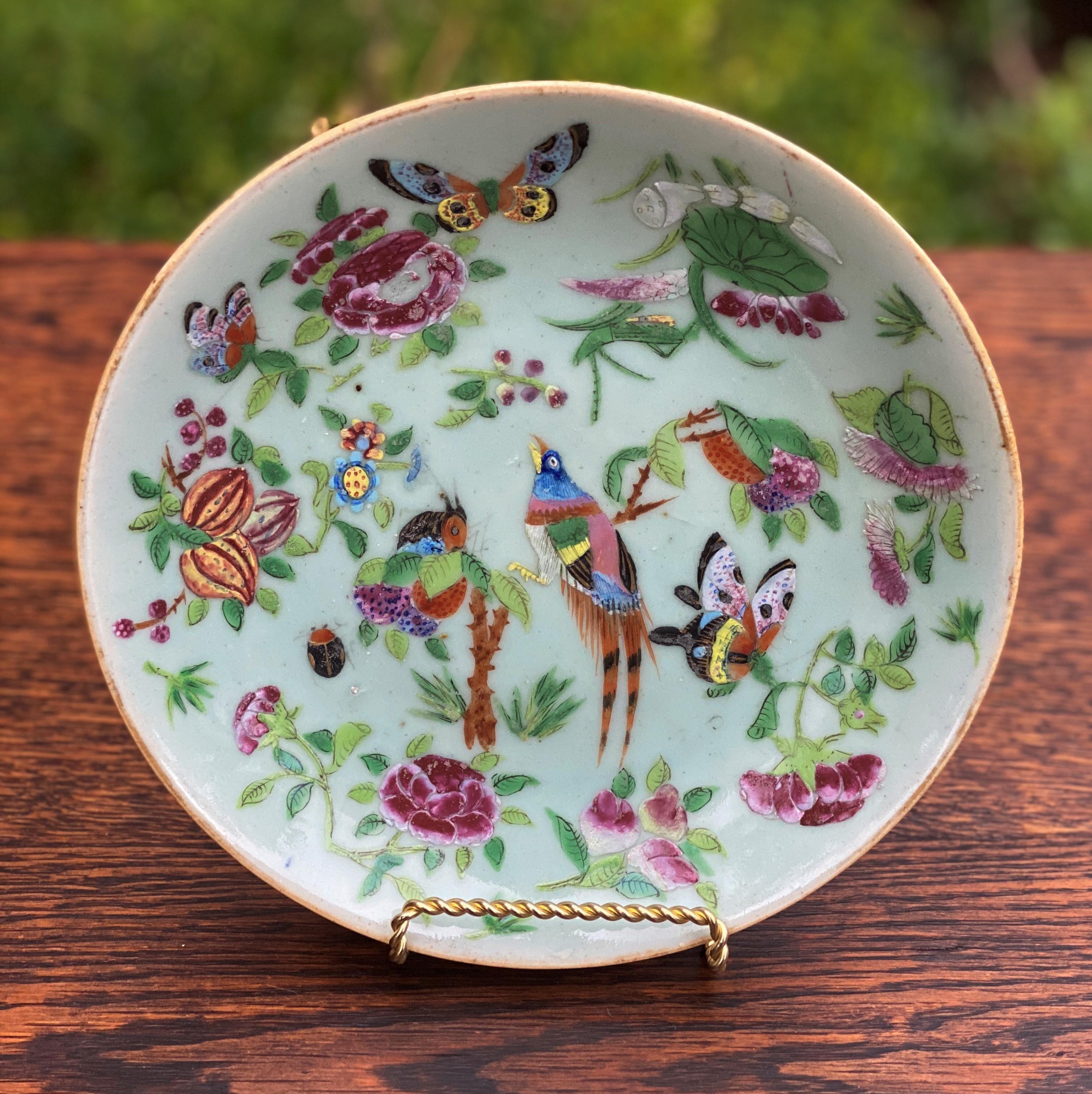Antique Chinese Celadon Plate Hand Painted Canton Famille Rose Qing c. 1820 #4 2