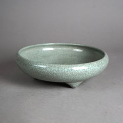 Antique Chinese Celadon Pottery Footed Low Bowl 19thC
