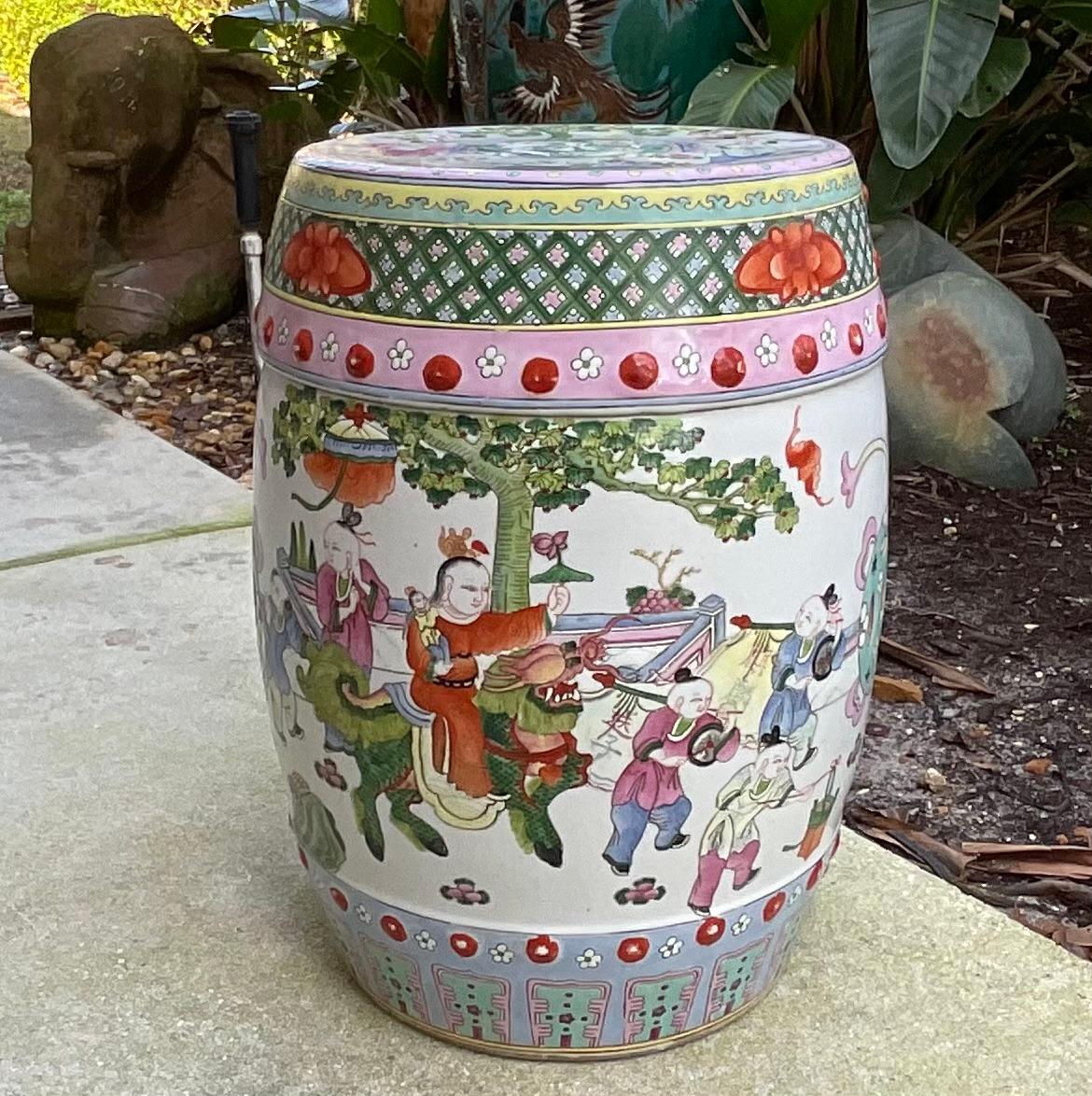 A beautiful  Chinese ceramic garden stool ,Classic barrel shape with Famille Verte glaze depicting figurative groups in garden settings.
Exceptional object of art for display.