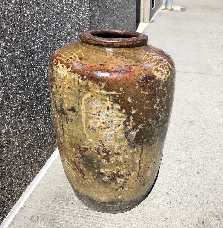 Antique Chinese Ceramic Wine Jar with Bold Calligraphy and Great Wear
