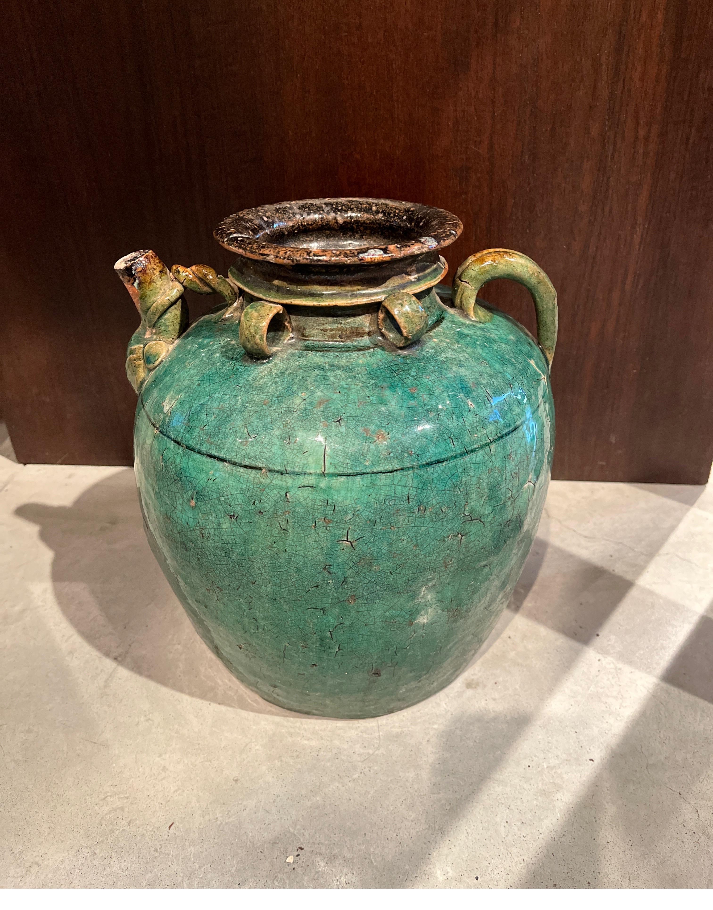Antique Chinese Ceramic Wine Jar with Handle, Spout and Great Patina For Sale 4