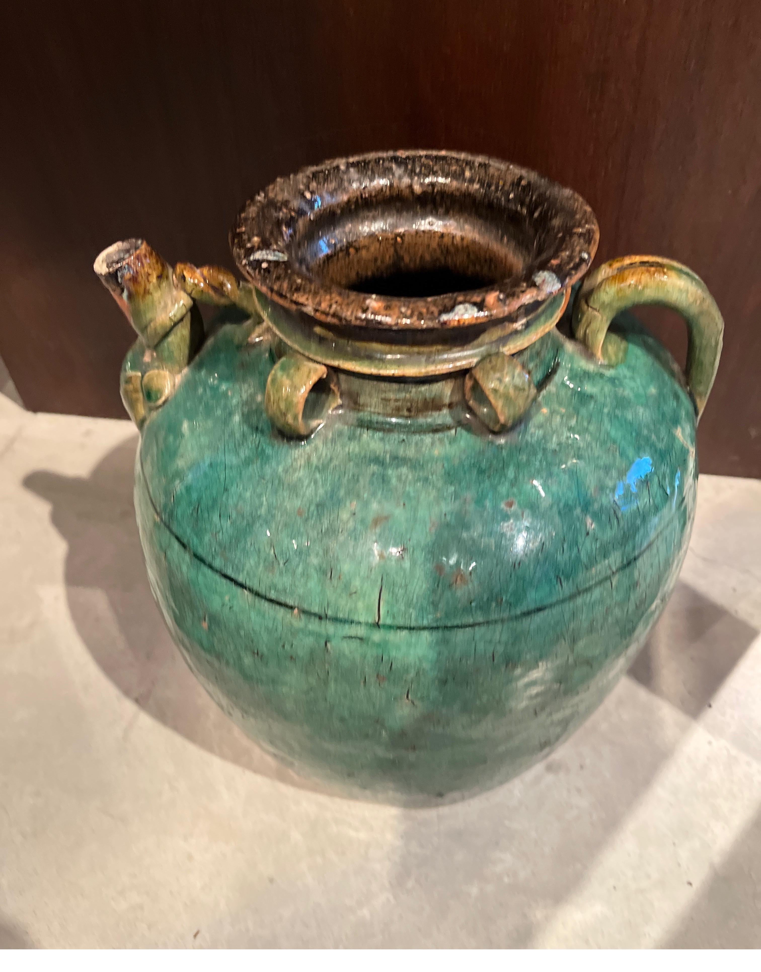 Antique Chinese Ceramic Wine Jar with Handle, Spout and Great Patina For Sale 5