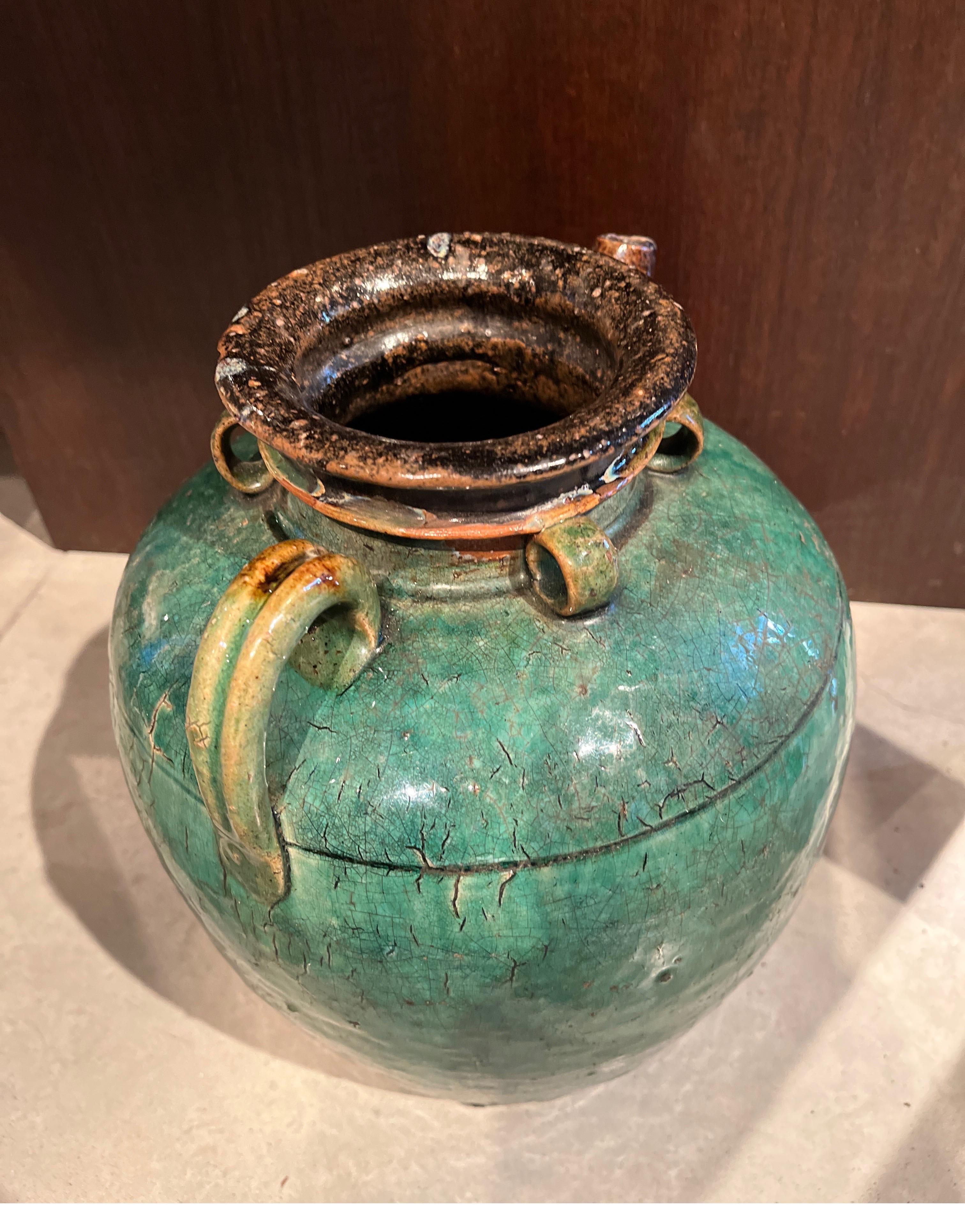 Antique Chinese Ceramic Wine Jar with Handle, Spout and Great Patina For Sale 6