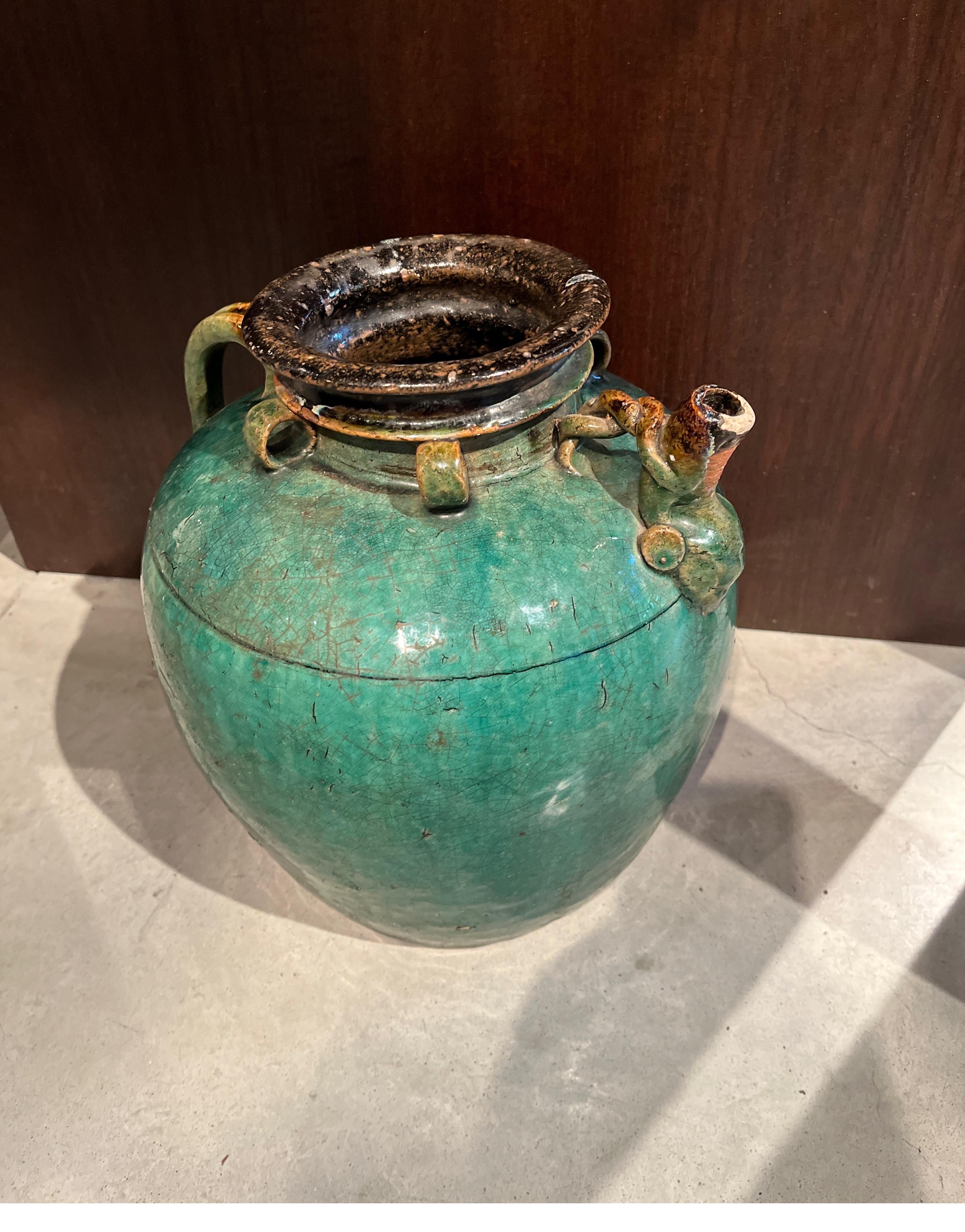 Antique Chinese Ceramic Wine Jar with Handle, Spout and Great Patina For Sale 8