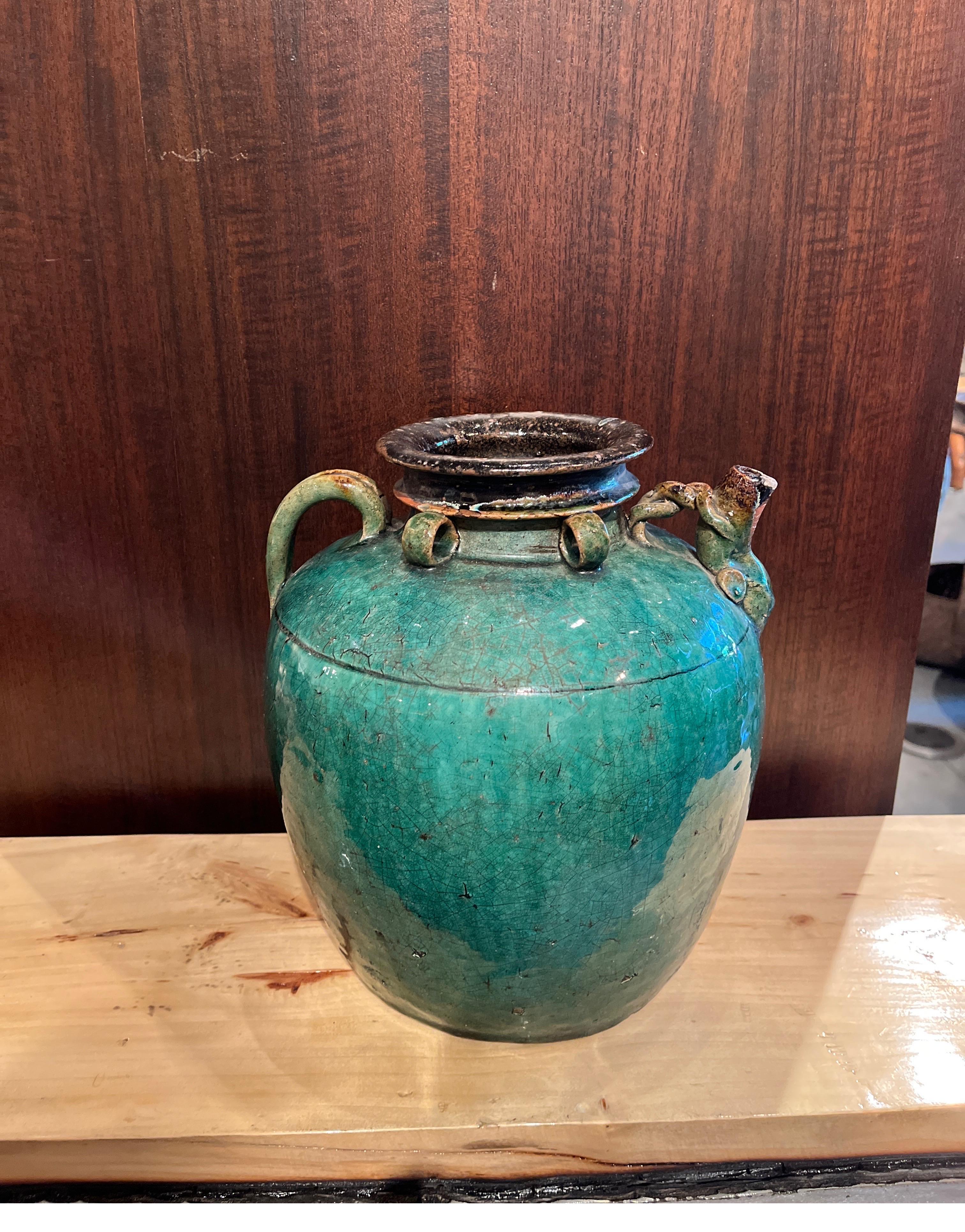 Antique Chinese Ceramic Wine Jar with Handle, Spout and Great Patina For Sale 10