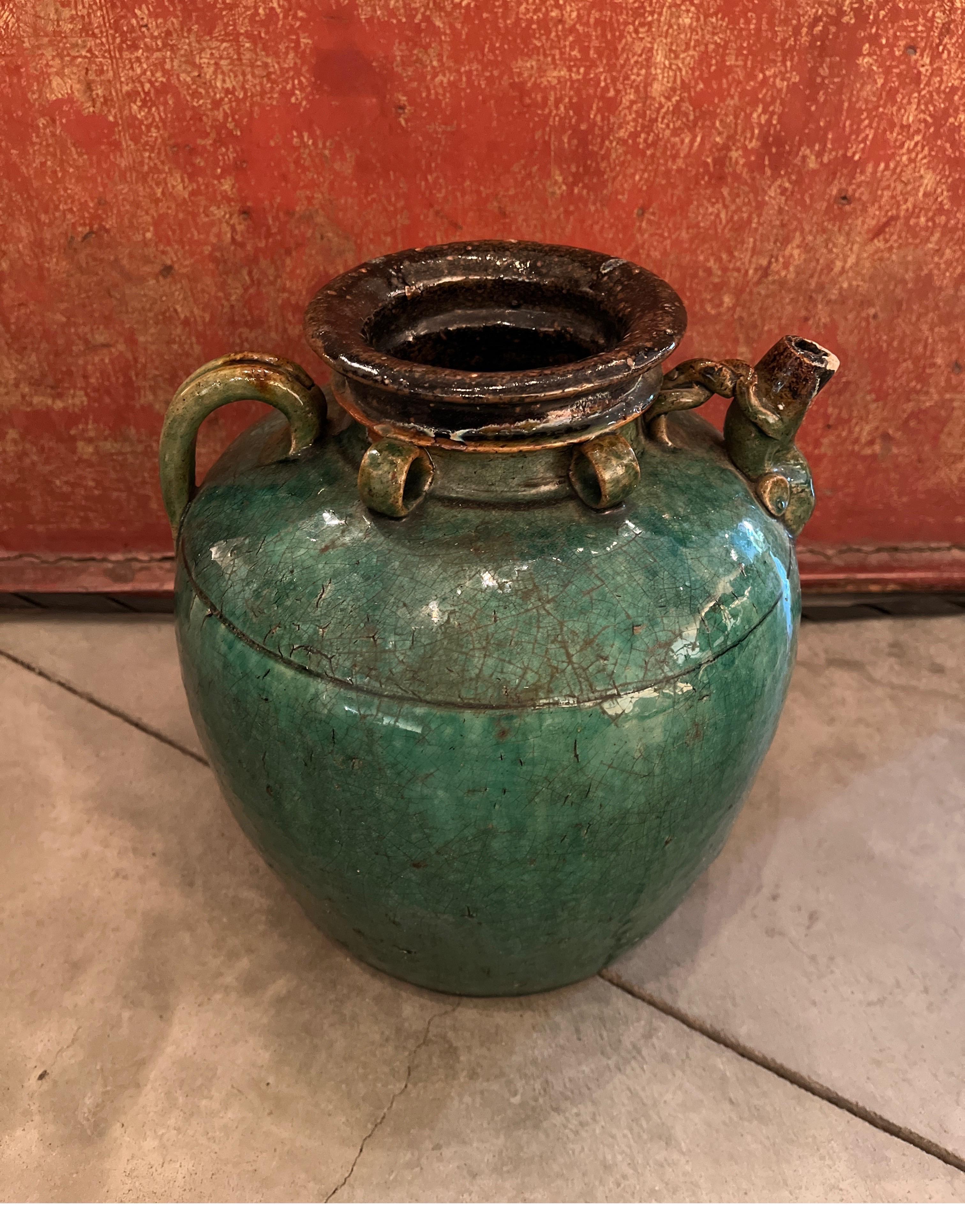 Antique Chinese Ceramic Wine Jar with Handle, Spout and Great Patina For Sale 13