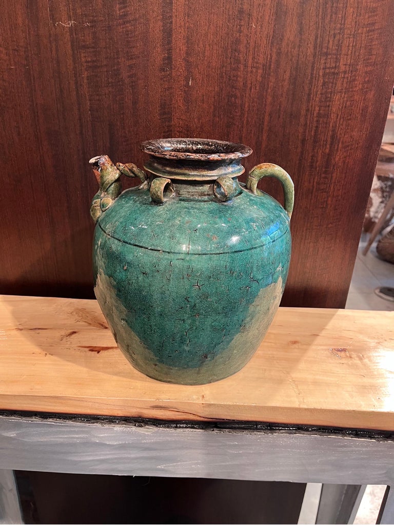 Antique Chinese Ceramic Wine Jar with Handle, Spout and Great Patina