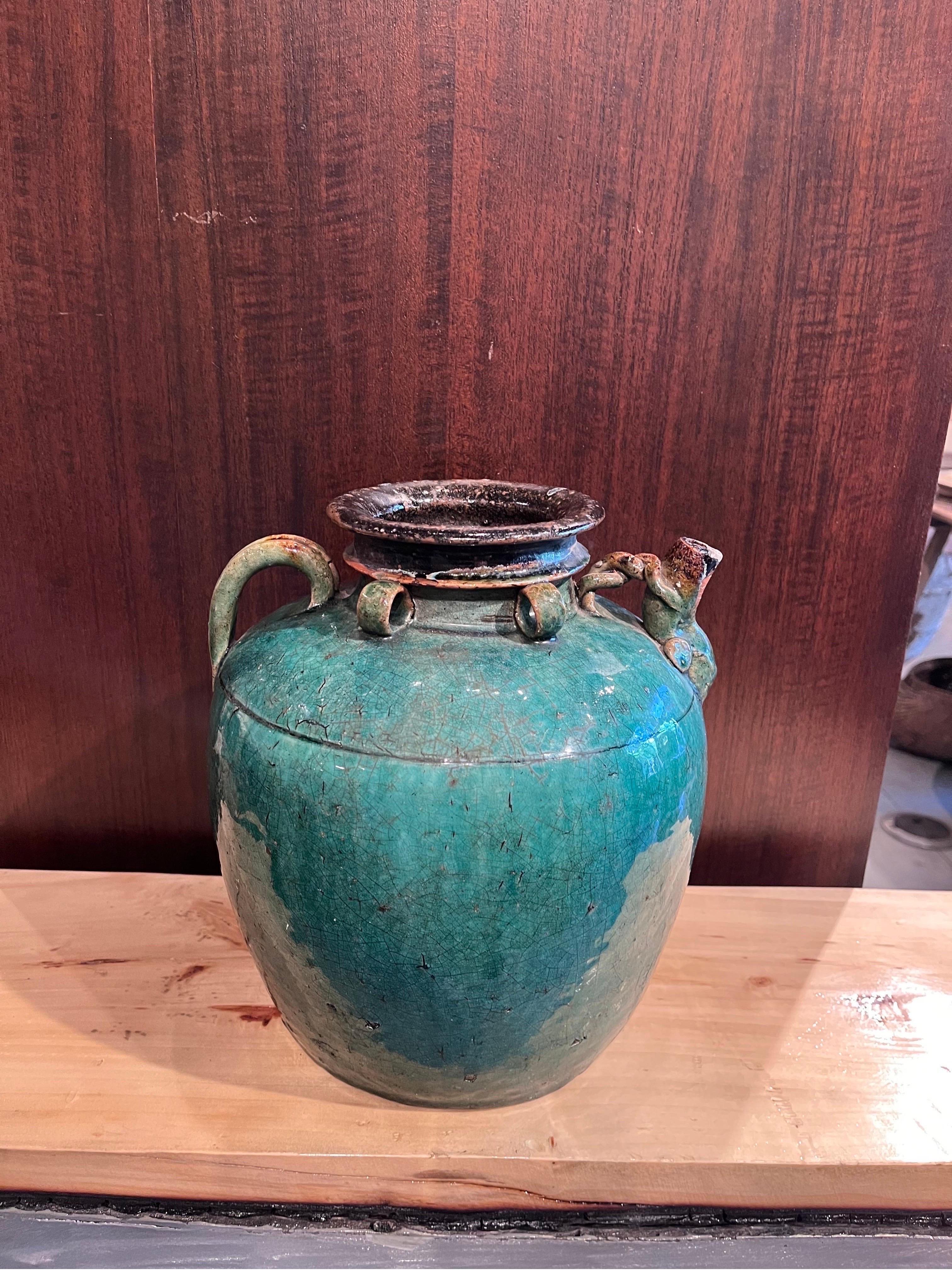 Antique Chinese Ceramic Wine Jar with Handle, Spout and Great Patina In Good Condition For Sale In New York, NY