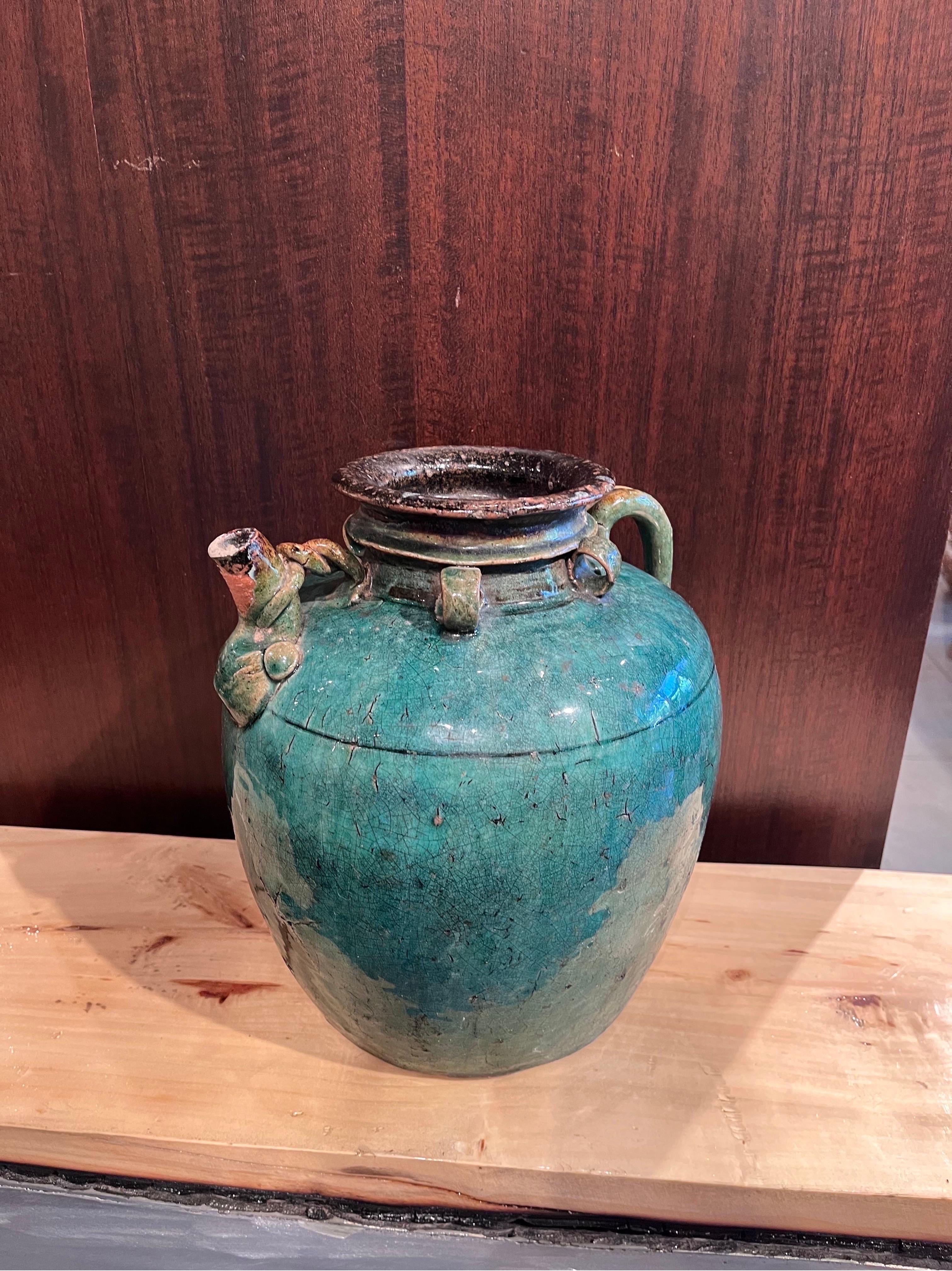 19th Century Antique Chinese Ceramic Wine Jar with Handle, Spout and Great Patina For Sale