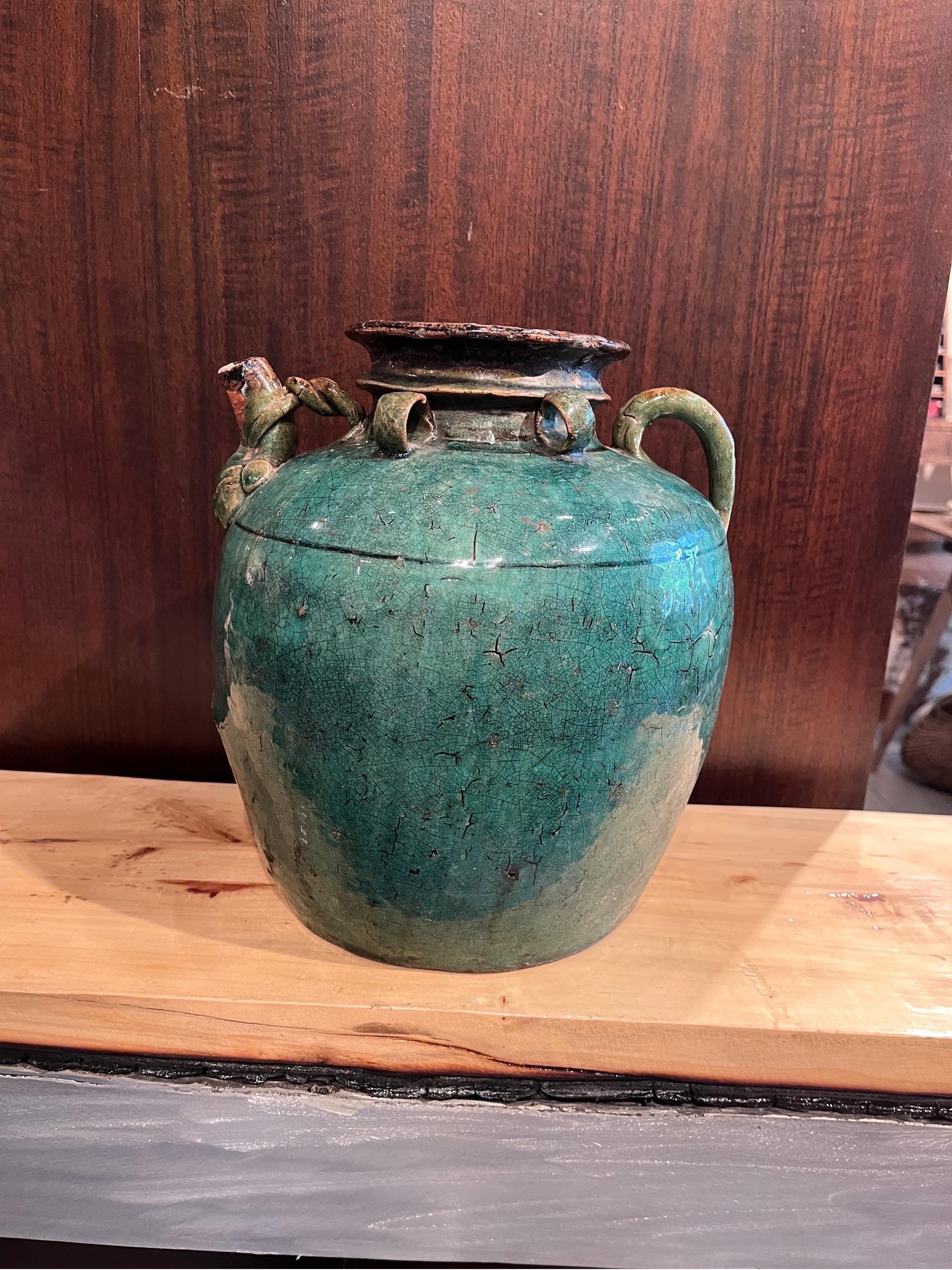 Antique Chinese Ceramic Wine Jar with Handle, Spout and Great Patina For Sale 1