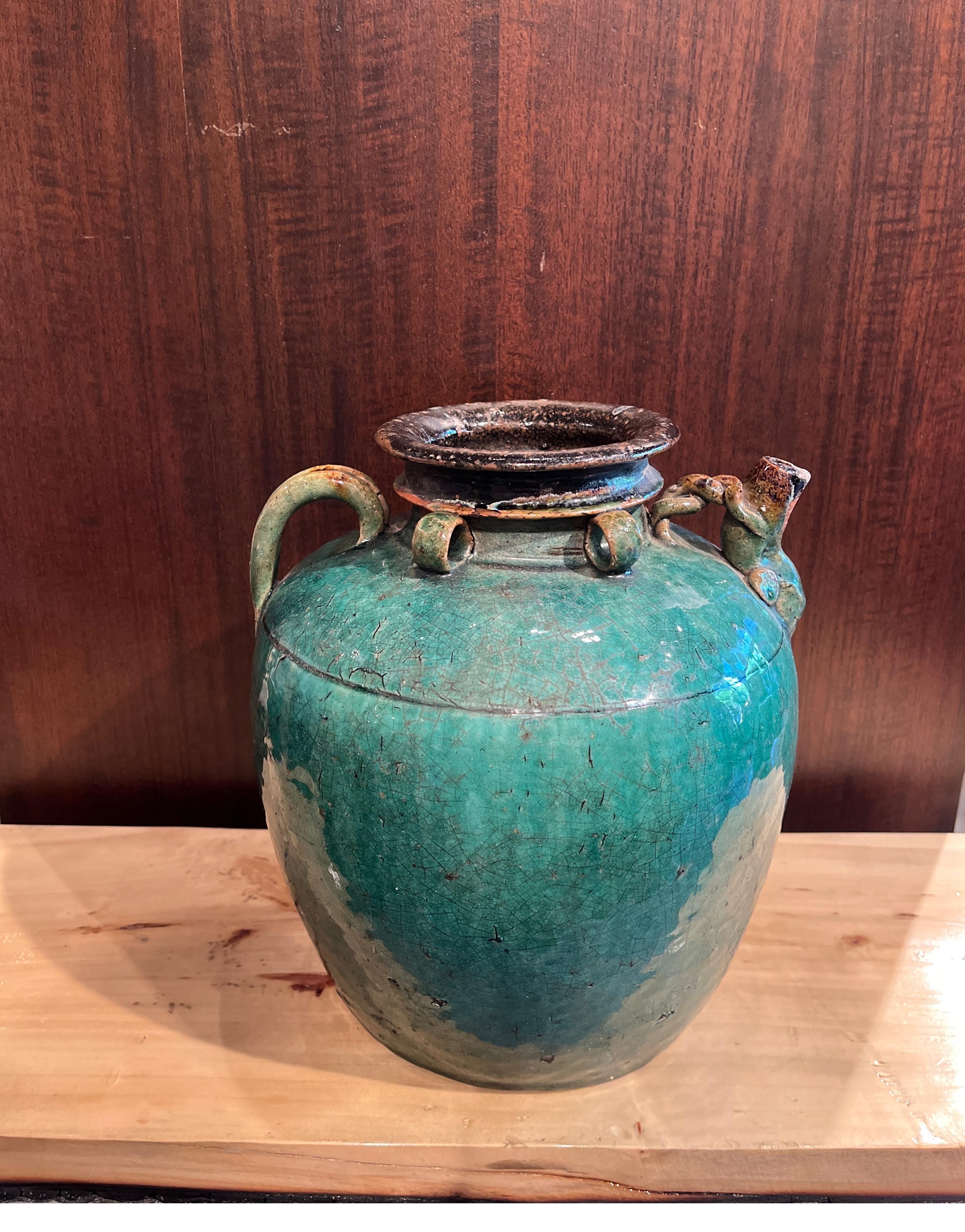 Antique Chinese Ceramic Wine Jar with Handle, Spout and Great Patina For Sale 2