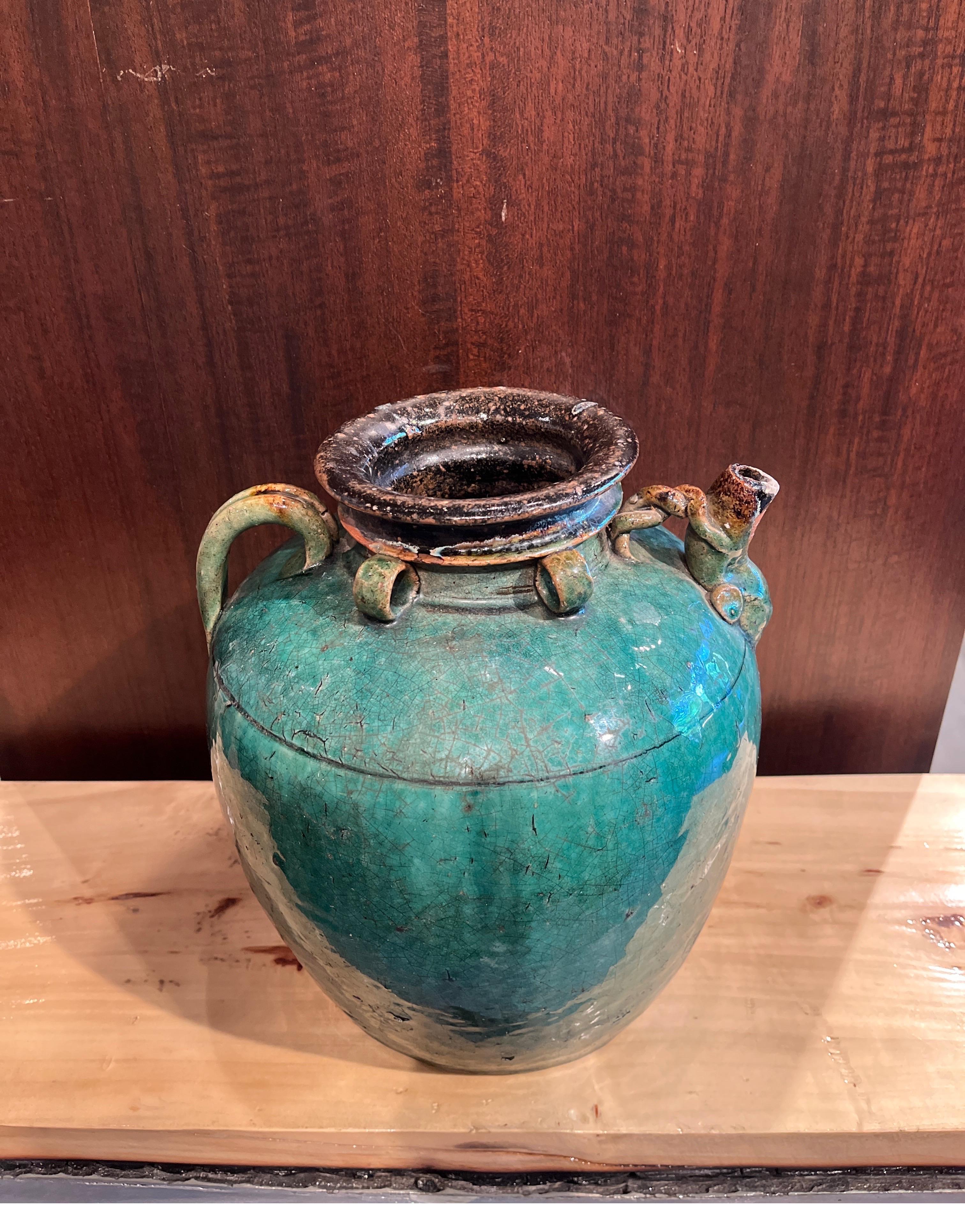 Antique Chinese Ceramic Wine Jar with Handle, Spout and Great Patina For Sale 3