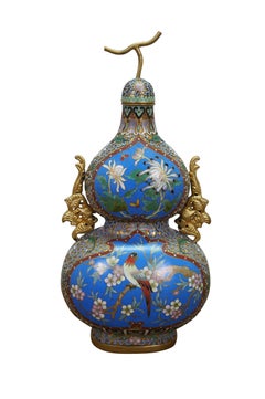 Antique Chinese Champleve Cloisonne Double Gourd Turquoise Mantel Vases Urns 12"