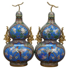 Antique Chinese Champleve Cloisonne Double Gourd Turquoise Mantel Vases Urns 12"