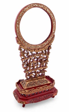 Antique Chinese Chaozhou Carved Red Gold Gilt Lacquered Wood Table Mirror Stand