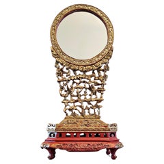 Antique Chinese Chaozhou Carved Red Gold Gilt Lacquered Wood Table Mirror Stand