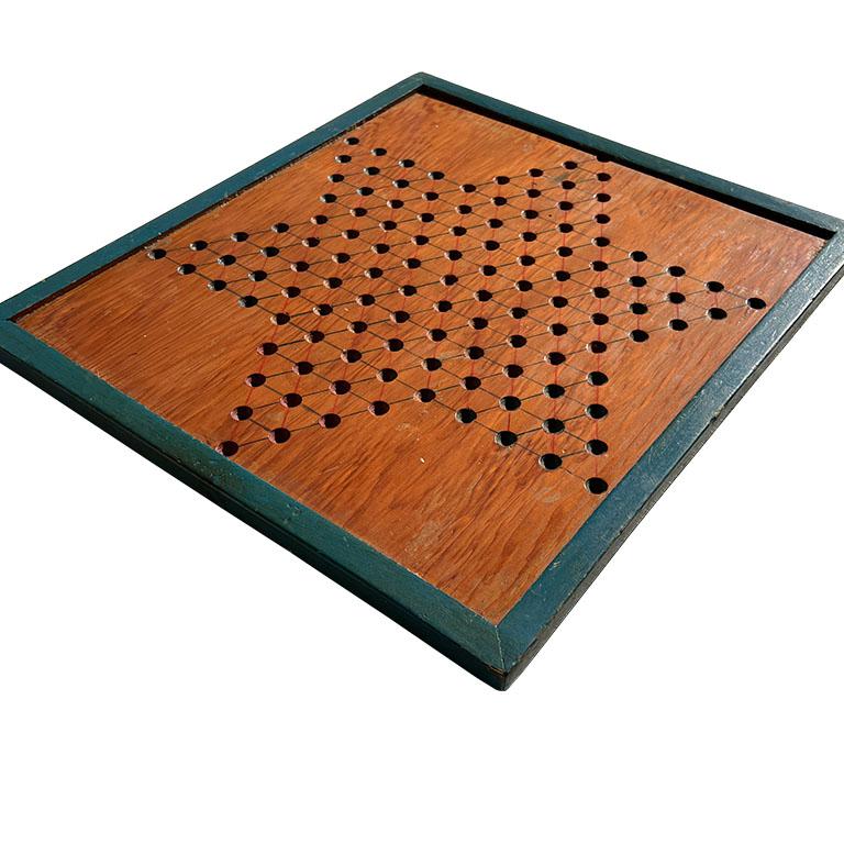 Wood Antique Chinese Checkers Game Board with Original Paint and Blue Accents For Sale
