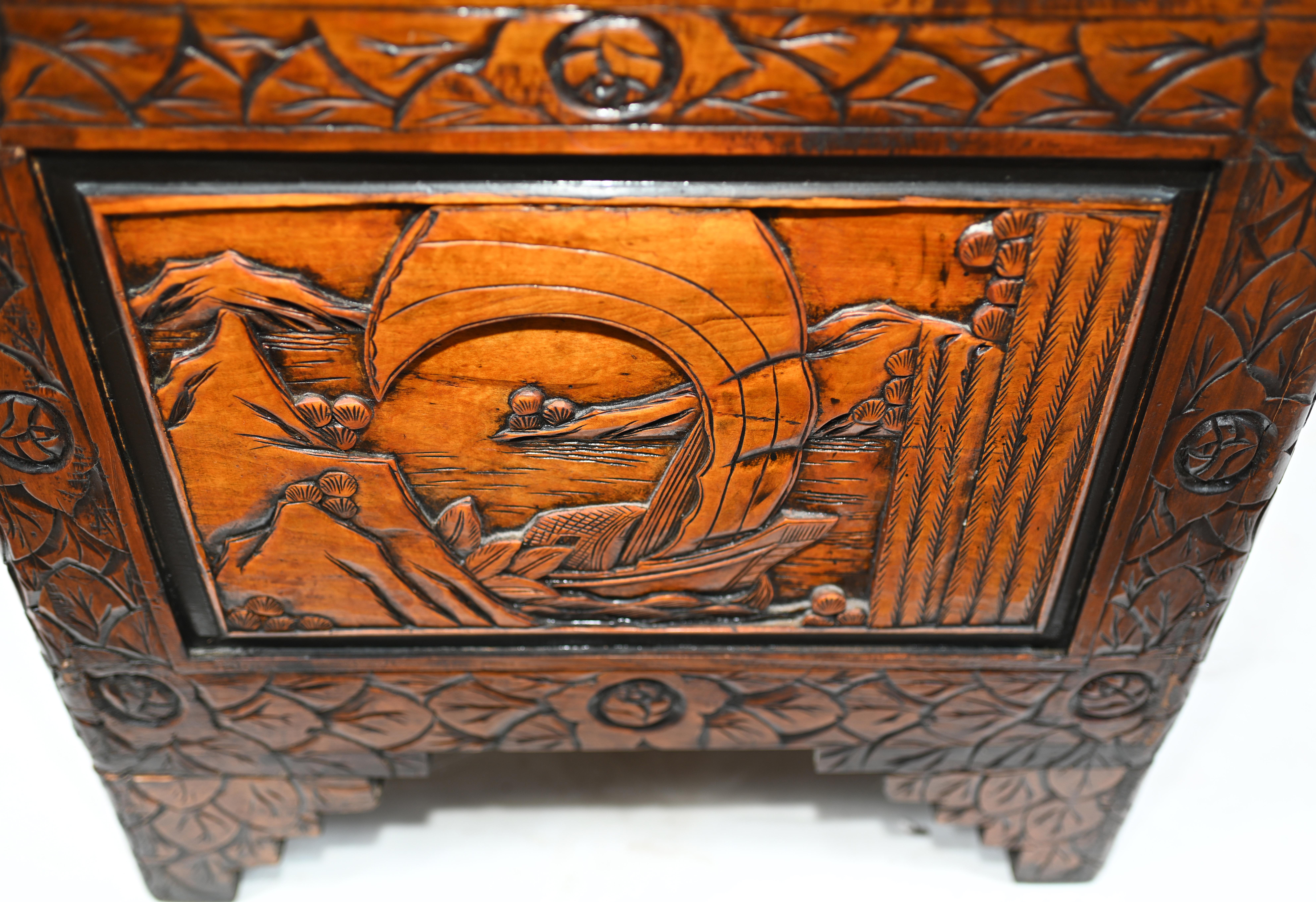 Antique Chinese Chest Luggage Box Carved Camphor Wood 5