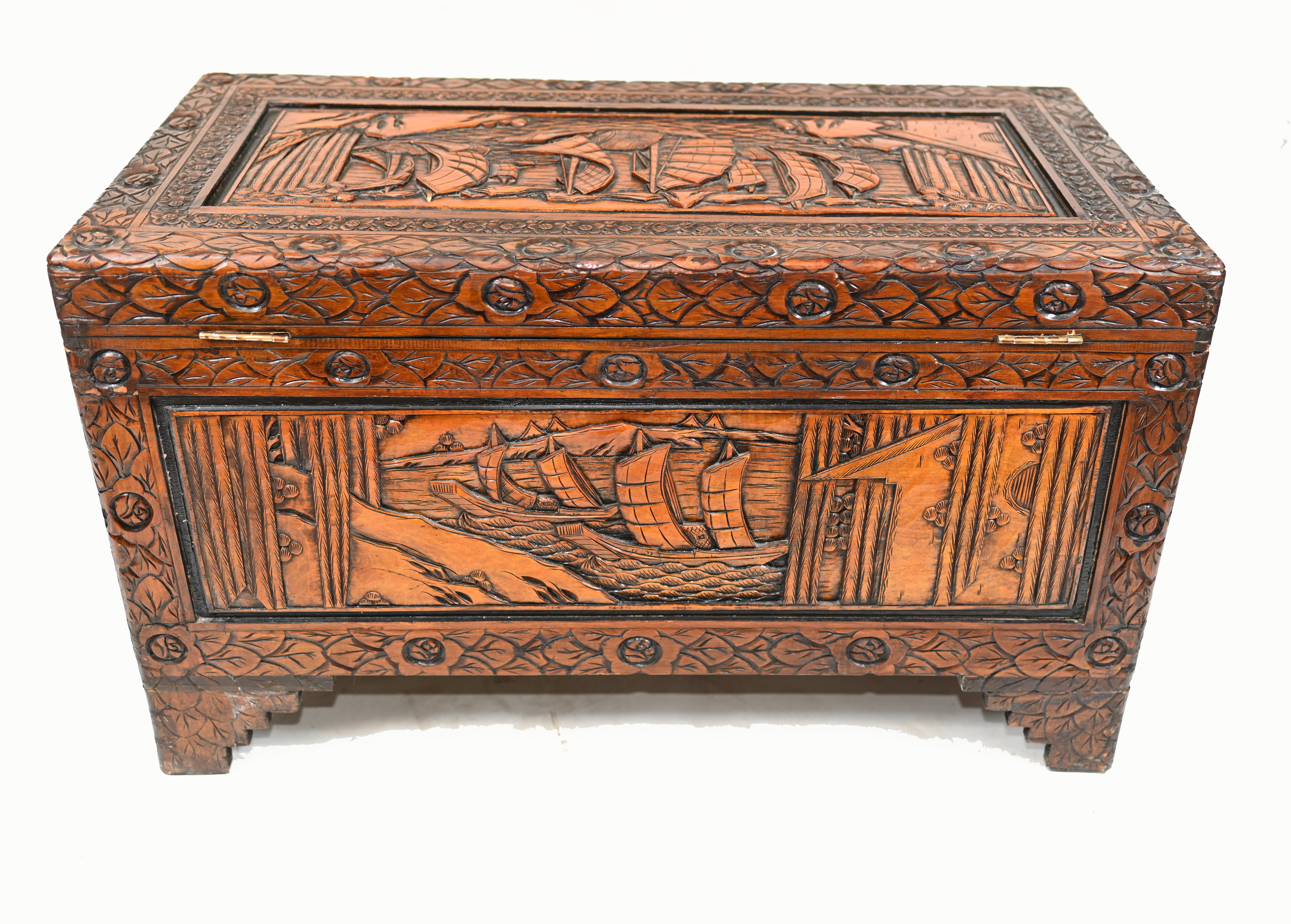 Antique Chinese Chest Luggage Box Carved Camphor Wood 6