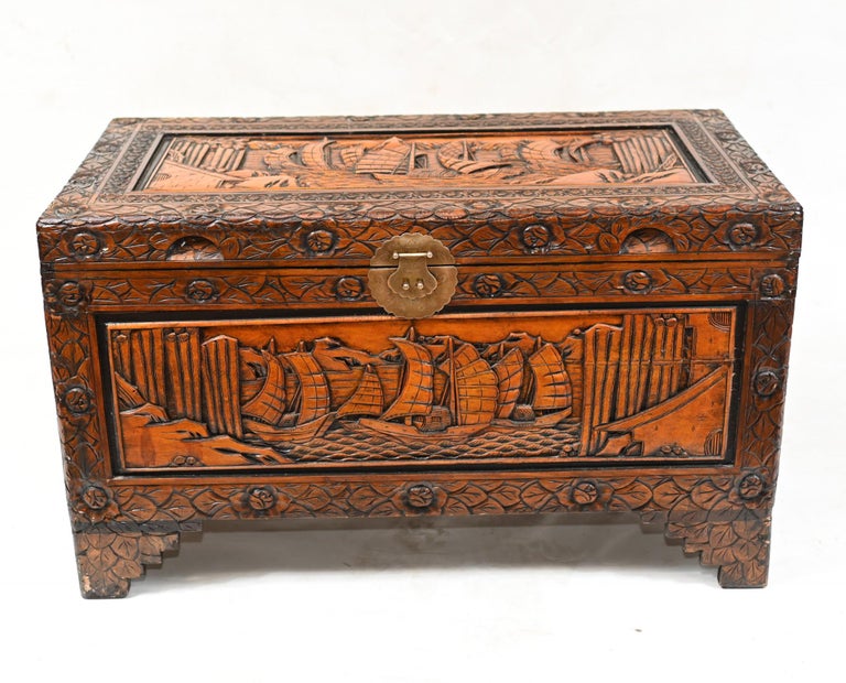 Antique Chinese Chest Luggage Box Carved Camphor Wood For Sale at 1stDibs |  camphor box, chinese carved chest, chinese chest box