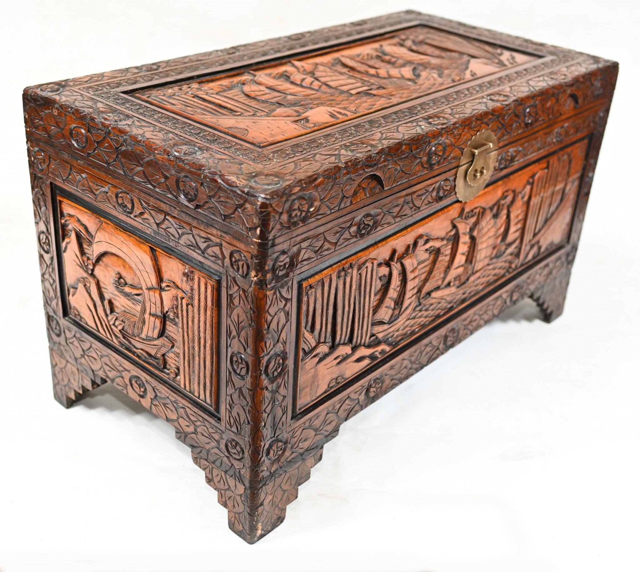 Antique Chinese Chest Luggage Box Carved Camphor Wood 1
