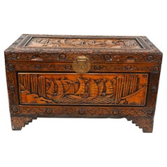 Antique Chinese Chest Luggage Box Carved Camphor Wood