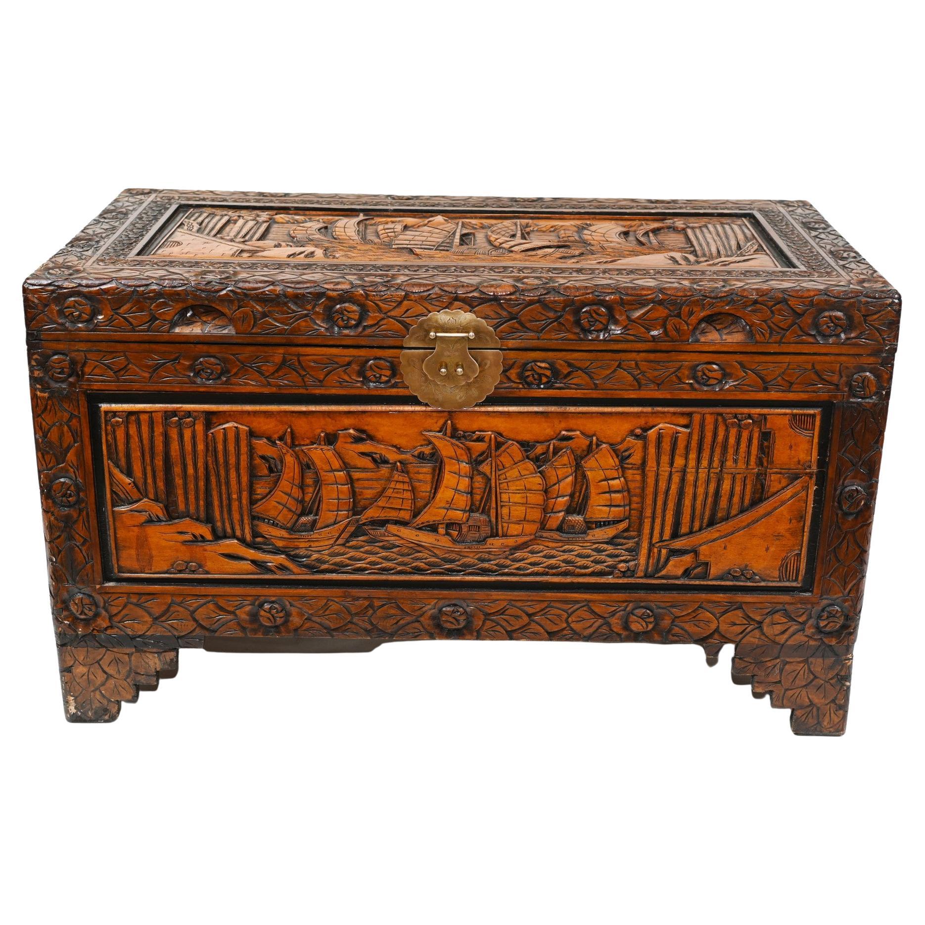 Antique Chinese Chest Luggage Box Carved Camphor Wood