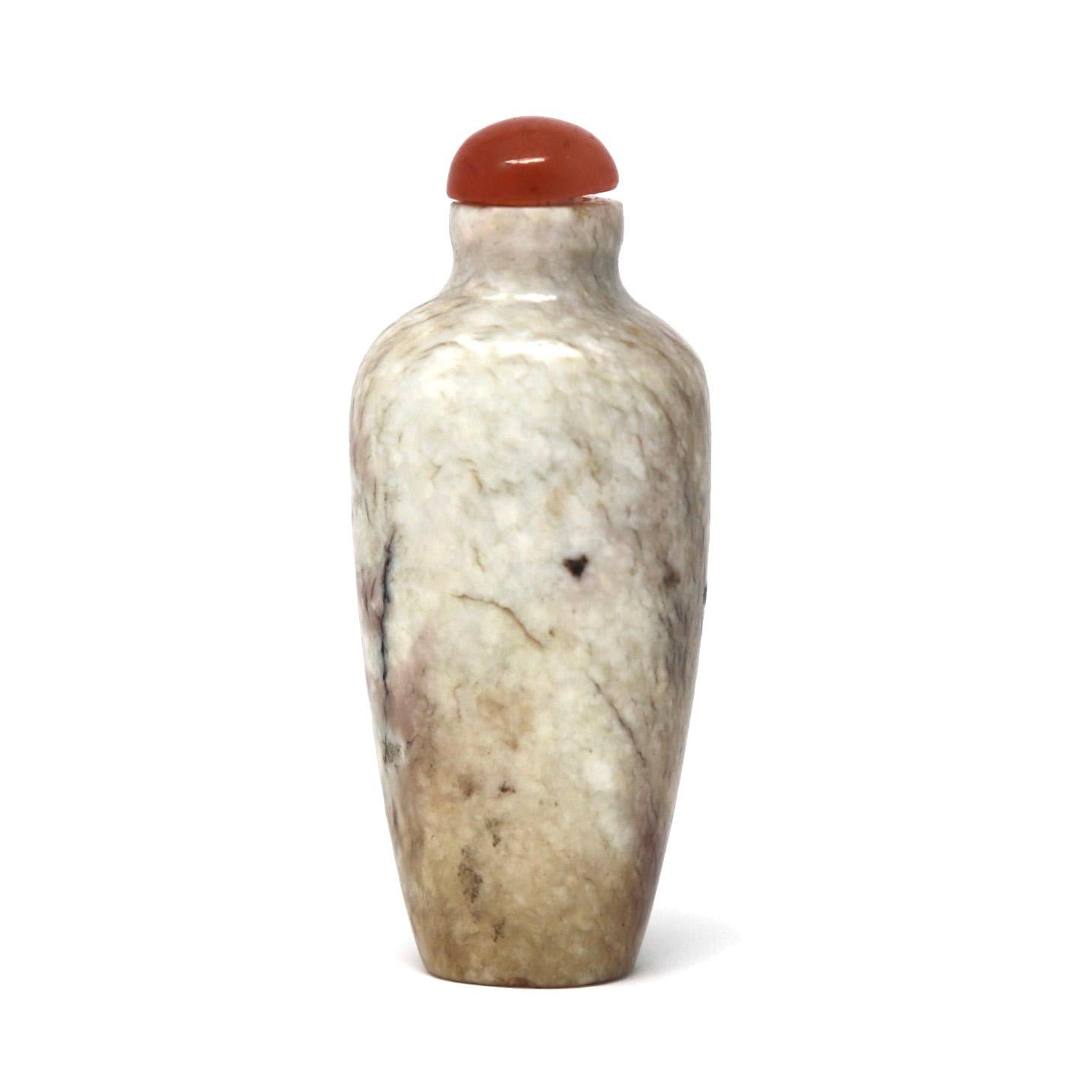 Antique Chinese chicken-bone Jade Snuff bottle, tapered and high shouldered vase form, somewhat flattened with a rounded shoulder, short neck and wider mouth, carved thinly providing for a wider aperture, neatly hollowed, and countersunk base. The