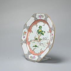 Antique Chinese Chine de Commande Plate Porcelain Qianlong Period Dogs & deer