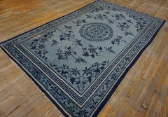 1850s Superb Navy Blue Floral Design Accented Light Blue Chinese Ningxia Rug
