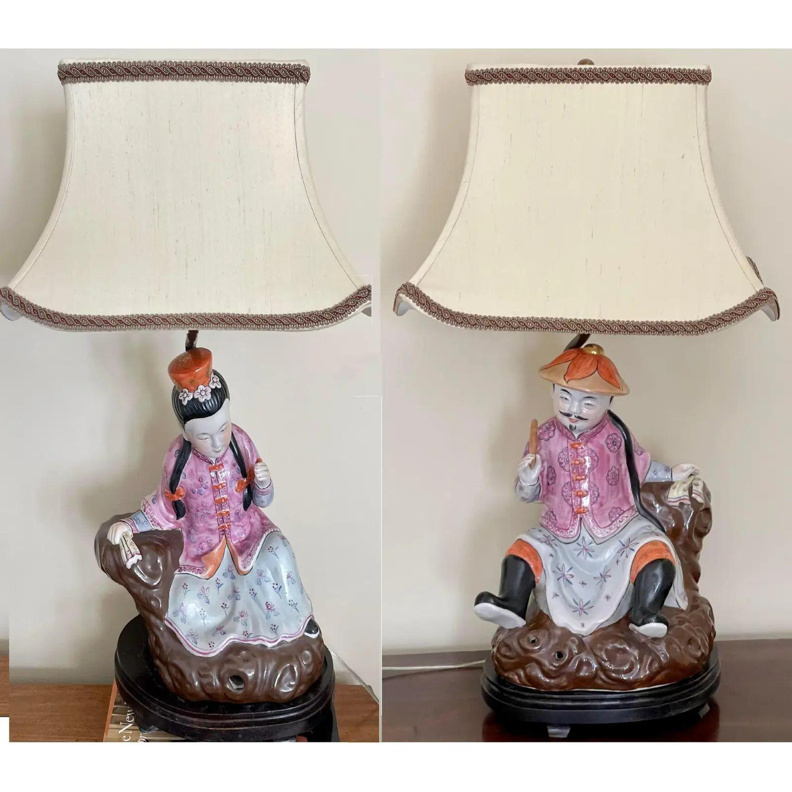Antique Chinese Ching Dynasty Seated Famille Rose Figurines Designer Table Lamps For Sale 1