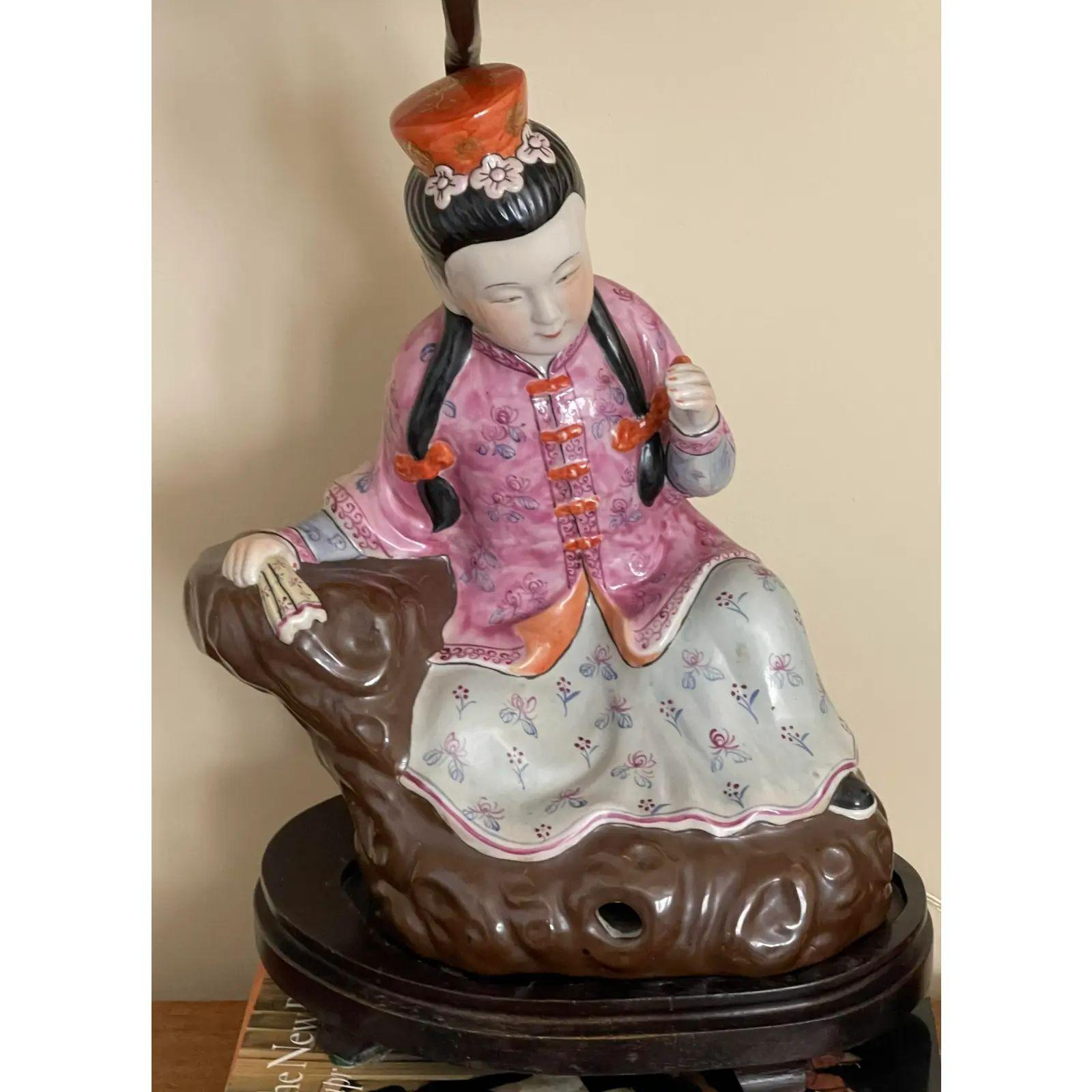 Chinese Export Antique Chinese Ching Dynasty Seated Famille Rose Figurines Designer Table Lamps For Sale