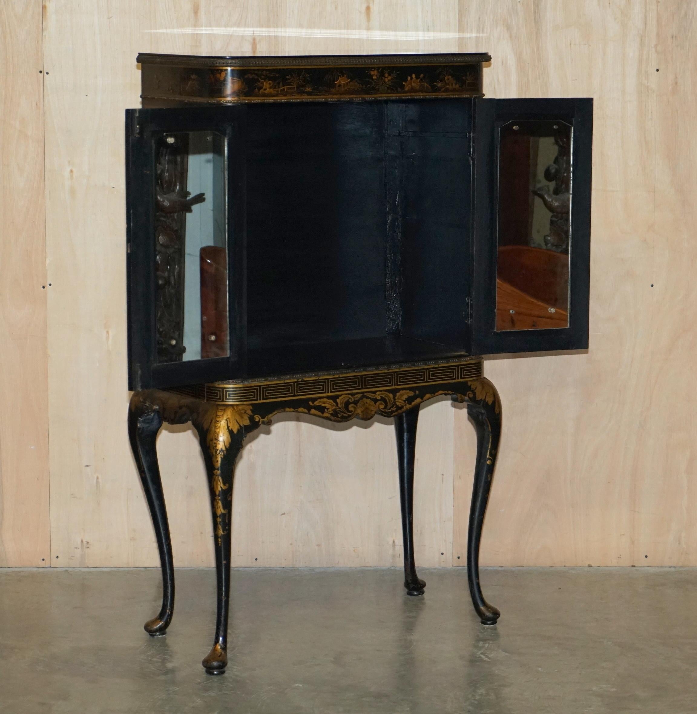 Antique Chinese chinoiserie Black Lacquered Giltwood Drinks Cabinet Cabriole Leg 11