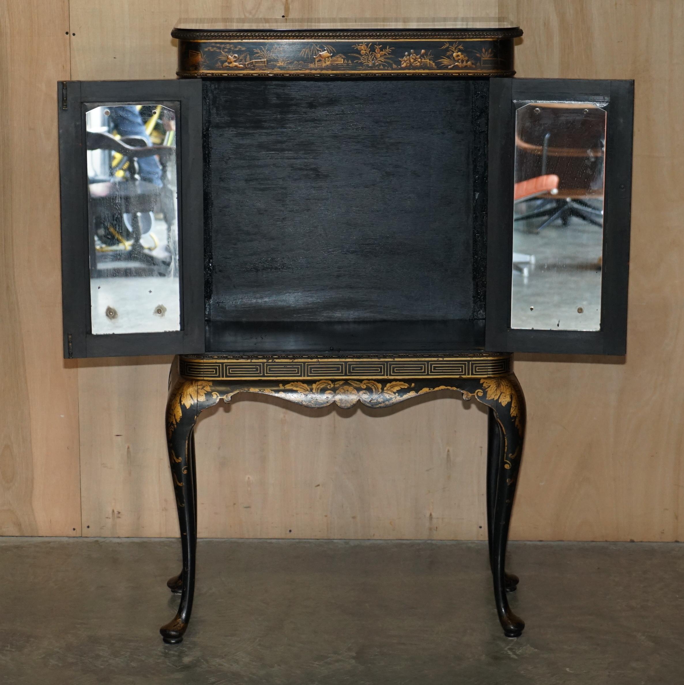 Antique Chinese chinoiserie Black Lacquered Giltwood Drinks Cabinet Cabriole Leg 13