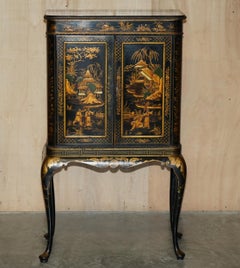 Antique Chinese chinoiserie Black Lacquered Giltwood Drinks Cabinet Cabriole Leg