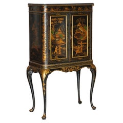 Antique Chinese chinoiserie Black Lacquered Giltwood Drinks Cabinet Cabriole Leg