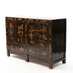 Antique Chinese Chinoiserie Floral Hand Painted and Lacquered Sideboard