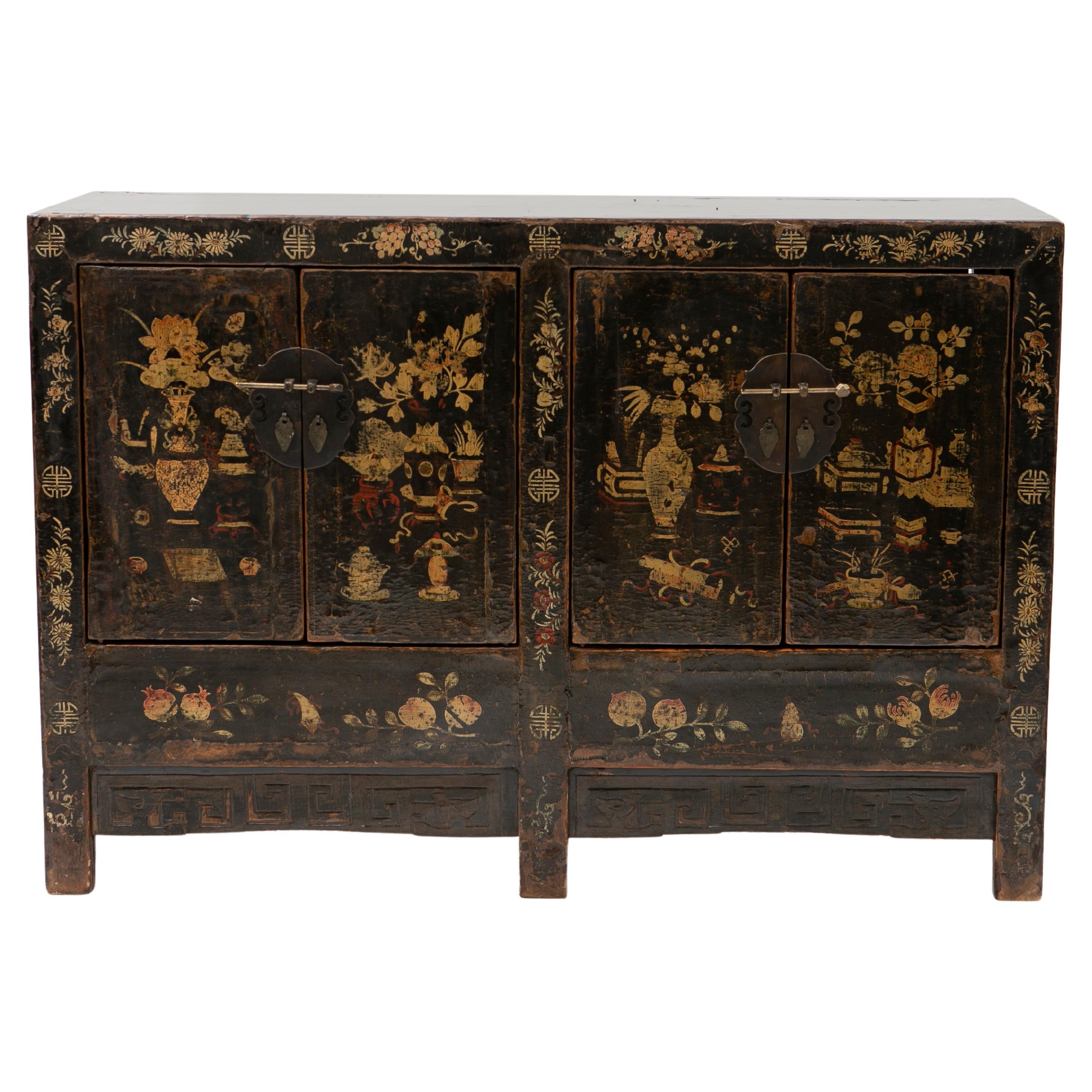 Antique Chinese Chinoiserie Floral Hand Painted and Lacquered Sideboard
