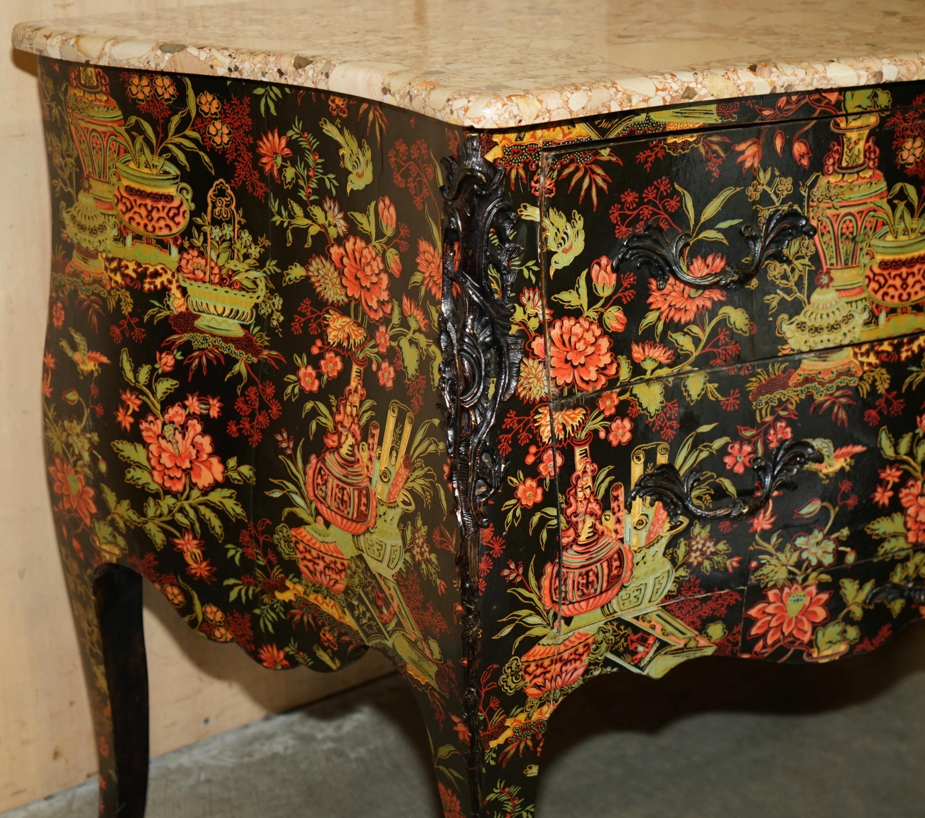 ANTICO CINOISERIE CINESE DIPINTO A MANO CASSETTIERA DI COMMODE CON TOP MARMELLATO in vendita 5