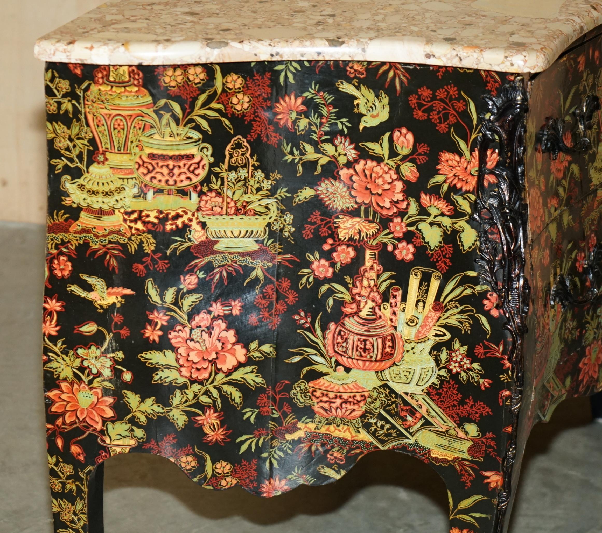 ANTICO CINOISERIE CINESE DIPINTO A MANO CASSETTIERA DI COMMODE CON TOP MARMELLATO in vendita 9