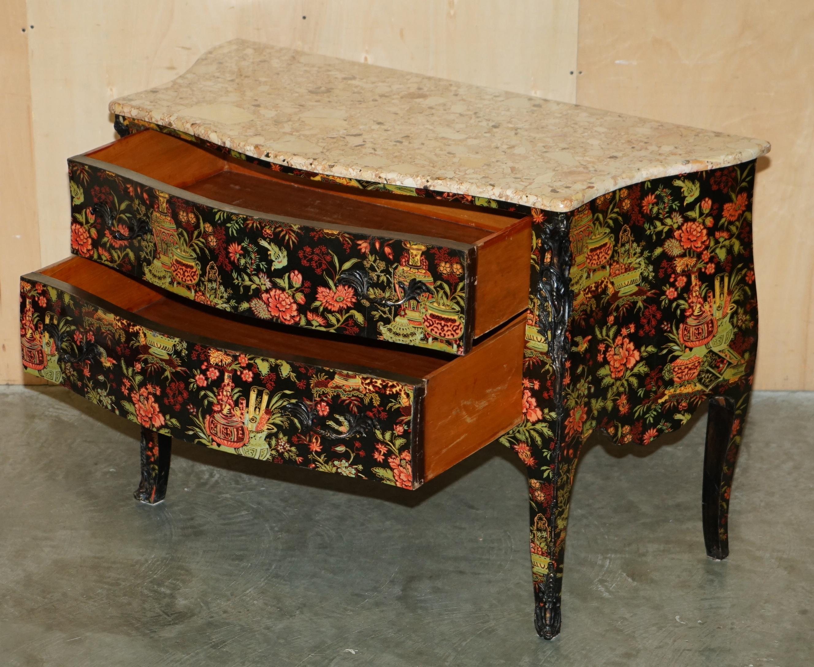 ANTICO CINOISERIE CINESE DIPINTO A MANO CASSETTIERA DI COMMODE CON TOP MARMELLATO in vendita 12