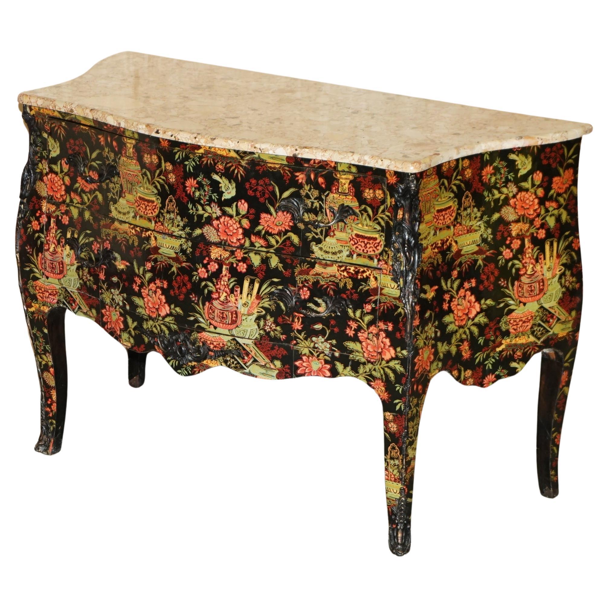 ANTIQUE CHINESE CHINOISERIE HANDgemalte COMmoDE CHEST OF DRAWERS MARBLED TOP