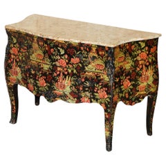 Antique CHINESE CHINOISERIE HAND PAiNTED COMMODE CHEST OF DRAWERS MARBLED TOP