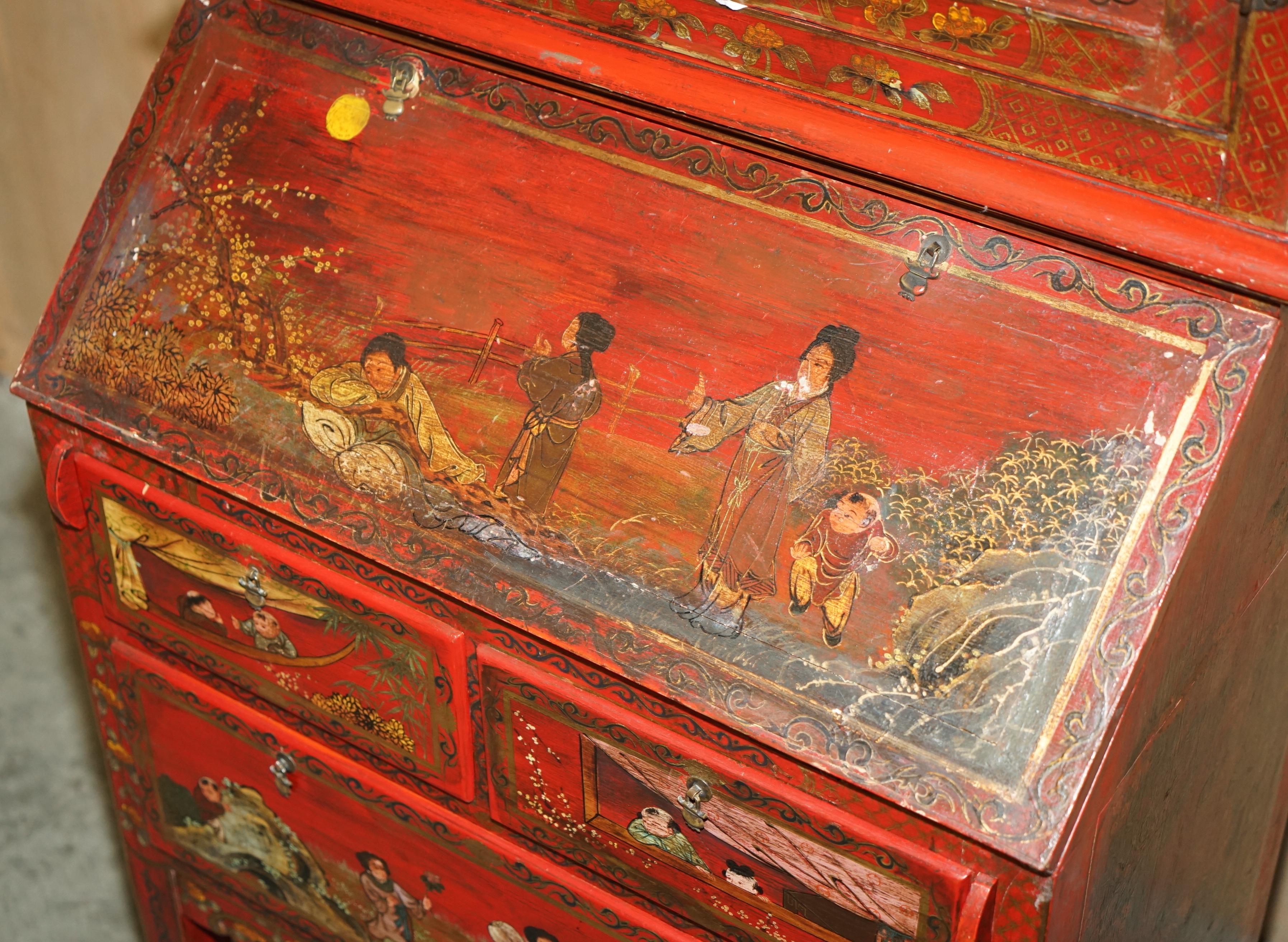 ANTIQUE CHINESE CHiNOISERIE HAND PAINTED & LACQUERED SECRATIARE LIBRARY BOOKCASE 3