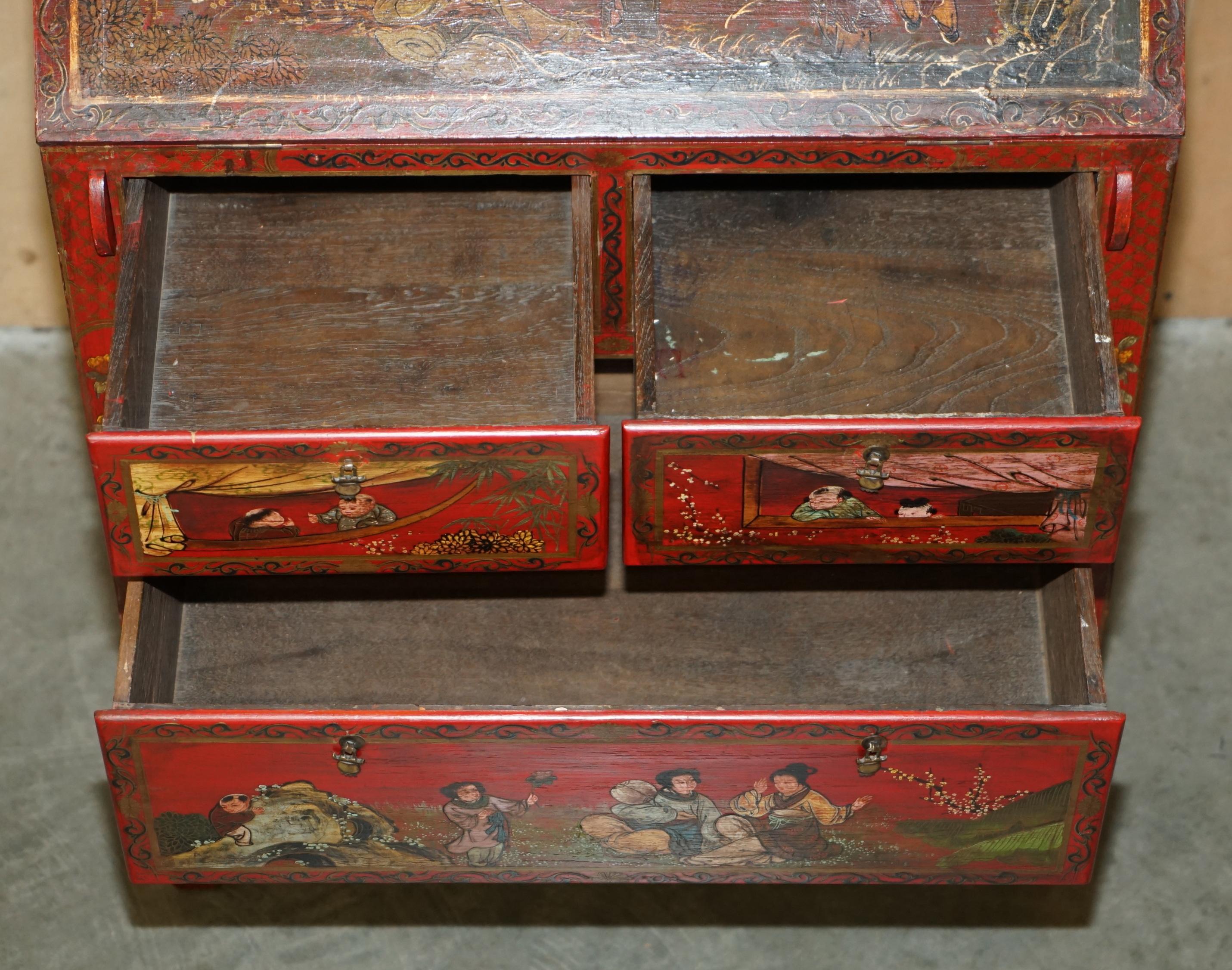 ANTIQUE CHINESE CHiNOISERIE HAND PAINTED & LACQUERED SECRATIARE LIBRARY BOOKCASE 12