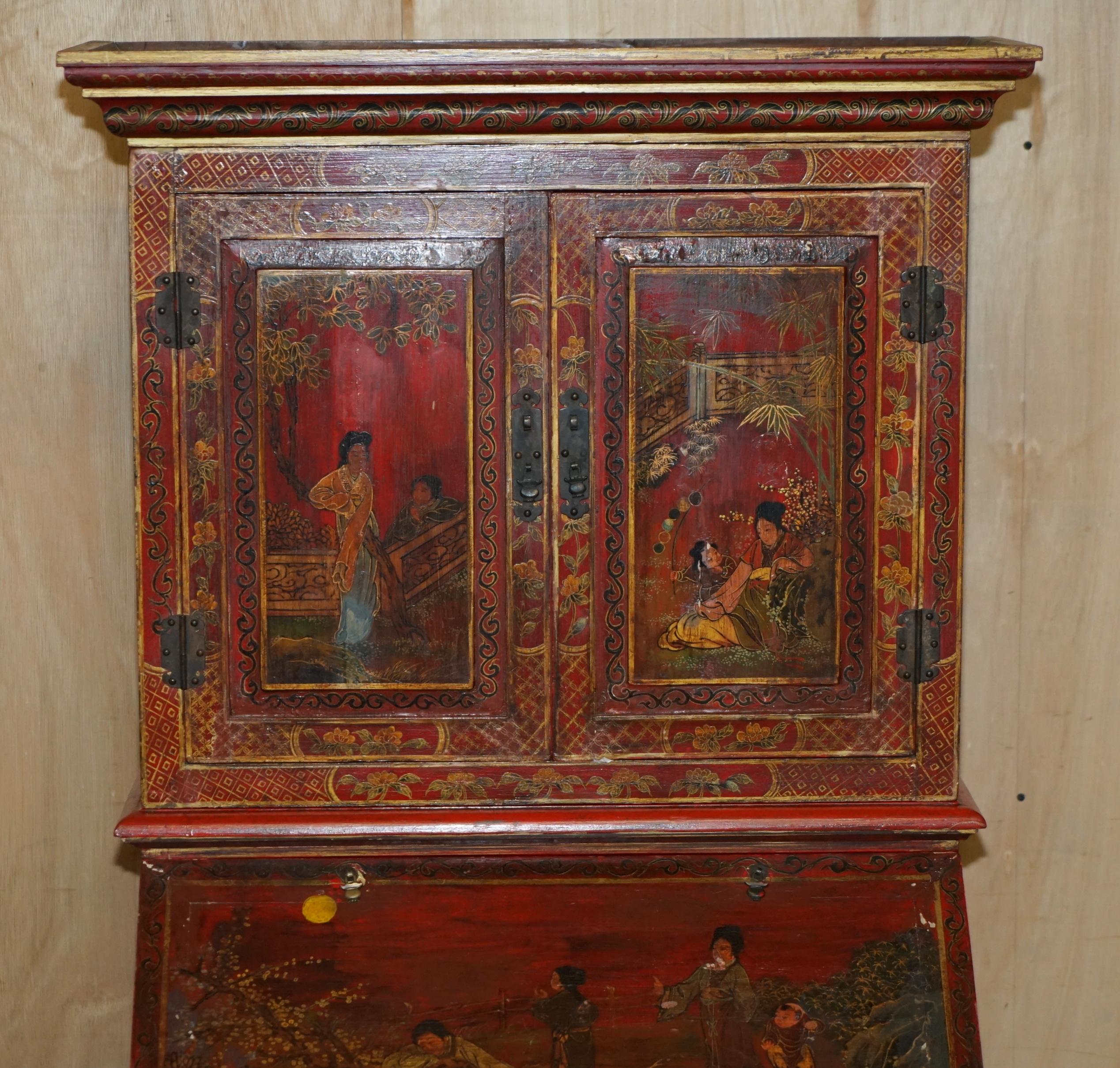 Chinese Export ANTIQUE CHINESE CHiNOISERIE HAND PAINTED & LACQUERED SECRATIARE LIBRARY BOOKCASE