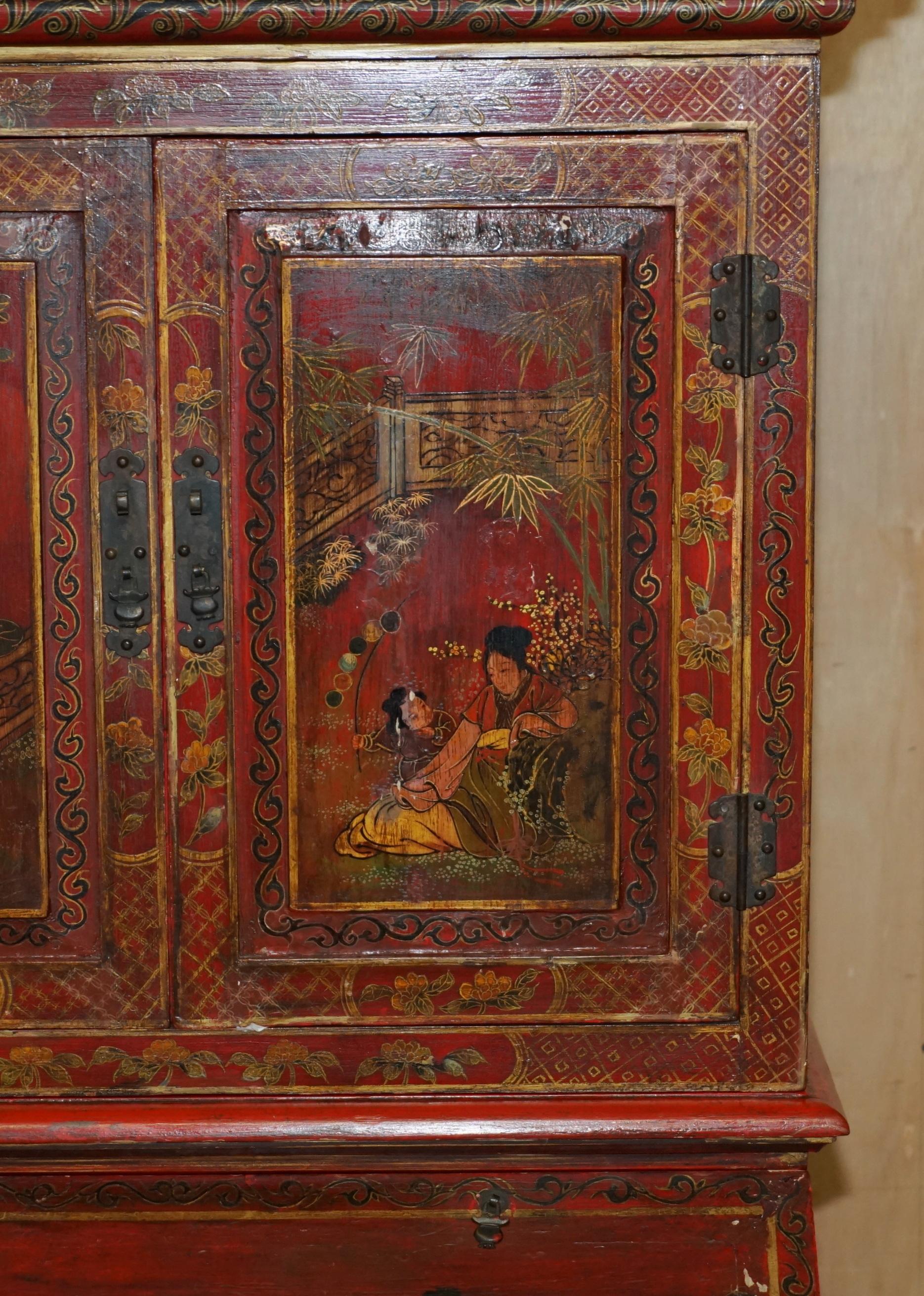 Early 20th Century ANTIQUE CHINESE CHiNOISERIE HAND PAINTED & LACQUERED SECRATIARE LIBRARY BOOKCASE